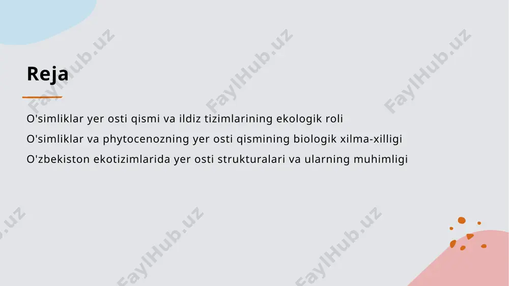 i, shuningdek, tuproq eroziyasini kamaytiradi. biologik xilma-xillik o'zbekiston ekotizimlarida turli ildiz turlari mavjud bo'lib, ularning har biri muhitga moslashgan va ekosistemaga o'ziga xos ekologik funktsiyalarni bajaradi. barqarorlik va muhofaza ildizlarning sog'lom va keng tarqalgan bo'lishi, ekotizimlarning barqarorligini oshiradi, tuproq qatlamini mustahkamlab, tabiiy muvozanatni saqlaydi. o'zgarishlarga ta'sir ildiz strukturalarining holati ekotizimdagi o'zgarishlarga sezgir; ular tuproq hosil qilish, suv muhofazasi va biologik xilma-xillikni qo'llab-quvvatlaydi. o'simliklarning ildiz tizimlarining biologik xilma-xilligi va ekologik ahamiyati 1 ildiz turlarining xilma-xilligi - o'simliklar ildiz tizimlari turli shakl va o'lchamlarga ega bo'lib, ularning xilma-xilligi o'simliklarning ekologik moslashuvchanligini ta'minlaydi, masalan, chuqur va keng ildizlar turli sharoitlarga mos keladi. 2 ekologik funktsiyalar - ildizlar oziq-ovqat va suv resurslarini izlab topadi, yer osti muhitini barqaror qiladi va tuproqni eroziyadan himoya qiladi, shuningdek, mikroorganizmlarni qo'llab-quvvatlaydi. 3 biodiversitet ta'siri - ildizlarning xilma-xilligi yer osti ekosistemasida biologik xilma-xillikni oshiradi, turli organizmlarning yashashiga imkon yaratadi va tuproq unumdorligini ta'minlaydi. phytocenozning yer osti qismida mavjud bo'lgan …