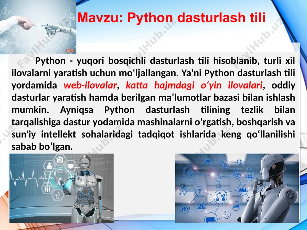 dagi detallarni, misol uchun xotirani boshqarishni hisobga olishga hojat qolmaydi. shuningdek dasturni yozish davomida ortiqcha kod yozishdan xalos qiladi. stackover developer surveyning 2017 yilga ko'ra eng mashhur dasturlash tillarining ko’rsatkichlari… python dasturlash tiliga bo'lgan talab yildan yilga oshib kelmoqda. codingdojo portalining tadqiqotlariga ko'ra, 2020 yilda aynan python tilida dasturlovchi mutaxassislarga eng ko'p talab bo'lgan python o'rganish uchun 5 sabab python artificial intelligence (sun'iy intellekt) va data science (ulkan ma'lumotlar bilan ishlash) sohalarining tili hisoblanadi. bugungi kunda keng ommalashib borayotgan sun'iy intellekt asosida ishlovchi dasturlarning aksari pythonda yozilgan. bu sohalardagi mutaxassislar bugungi kunda eng noyob va qimmatbaho kadrlar hisoblanadi. keng qamrovli va universal til. python dasturlari deyarli barcha operativ tizimlarda va platformalarda ishlaydi. o'rganish uchun ham, tushunish uchun ham juda qulay va sodda kod. moslashuvchanlik —python dasturlash tili ma'lum bir masalalarni yechish bilan chegaralanmagan. bu til dasturchilarga yangi yo'nalishlarga kirish imkonini beradi. python quyidagi sohalarda qo'llaniladi: bu sohalardagi mutaxassislar bugungi kunda …