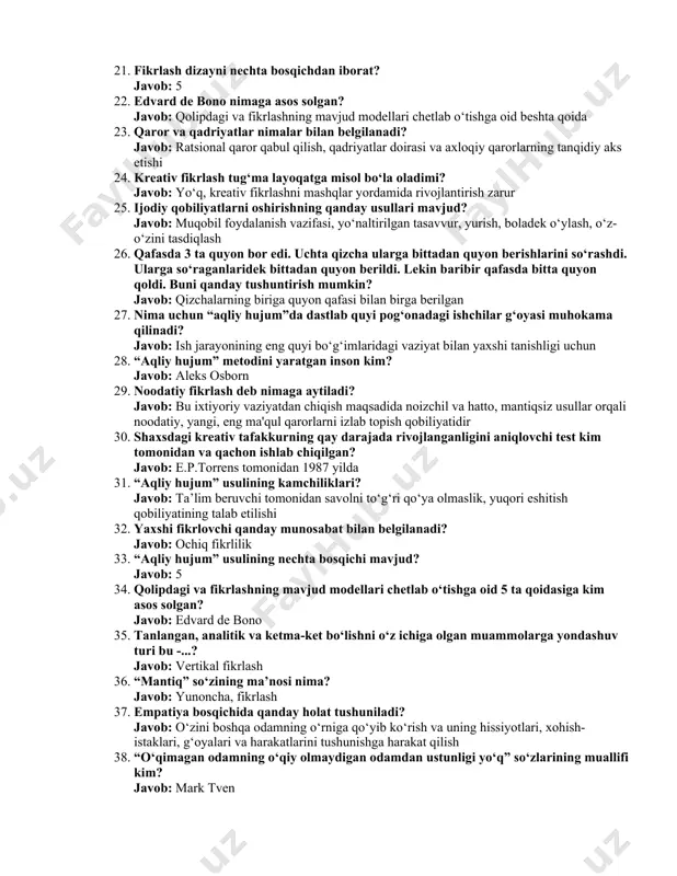 ri ko‘rsatilgan qatorni toping. javob: barcha javoblar to‘g‘ri 19. mantiqiy fikrlashning aqliy operatsiyalarini toping. javob: tahlil, sintez, xulosa chiqarish 20. ijodkorlik bu -...? javob: yangi foydali g‘oyalarni taklif qilish 21. fikrlash dizayni nechta bosqichdan iborat? javob: 5 22. edvard de bono nimaga asos solgan? javob: qolipdagi va fikrlashning mavjud modellari chetlab o‘tishga oid beshta qoida 23. qaror va qadriyatlar nimalar bilan belgilanadi? javob: ratsional qaror qabul qilish, qadriyatlar doirasi va axloqiy qarorlarning tanqidiy aks etishi 24. kreativ fikrlash tug‘ma layoqatga misol bo‘la oladimi? javob: yo‘q, kreativ fikrlashni mashqlar yordamida rivojlantirish zarur 25. ijodiy qobiliyatlarni oshirishning qanday usullari mavjud? javob: muqobil foydalanish vazifasi, yo‘naltirilgan tasavvur, yurish, boladek o‘ylash, o‘z-o‘zini tasdiqlash 26. qafasda 3 ta quyon bor edi. uchta qizcha ularga bittadan quyon berishlarini so‘rashdi. ularga so‘raganlaridek bittadan quyon berildi. lekin baribir qafasda bitta quyon qoldi. buni qanday tushuntirish mumkin? javob: qizchalarning biriga quyon qafasi bilan birga berilgan 27. nima uchun “aqliy …