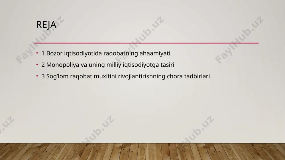 bo‘lish iqtisodiy jihatdan samaralidir. sun’iy monopoliya – raqobatchilarni bozordan siqib chiqarish yoki ularga to‘sqinlik qilish orqali yaratilgan holat. yuridik monopoliya – davlat qonunlari bilan faqat bitta kompaniyaga huquq berilgan bozor holati (masalan, patentlar, litsenziyalar orqali). sog’lom raqobat muxitini rivojlantirishning chora tadbirlari . antimonopoliya siyosatini kuchaytirish monopoliya va sun’iy narx o‘yinlariga qarshi qat’iy choralar ko‘rish. antimonopoliya organlarini mustaqil va faol ishlashiga imkon yaratish. yirik korxonalarning bozorda hukmronlik qilishining oldini olish. raqobatni tartibga soluvchi qonunchilikni takomillashtirish raqobat to‘g‘risidagi qonunlarni zamonaviy talablar asosida yangilash. kichik va o‘rta biznesni himoya qiluvchi yuridik mexanizmlarni kuchaytirish. korrupsiyaga qarshi qonunlarni kuchaytirish. kichik va o‘rta biznesni qo‘llab-quvvatlash soliq imtiyozlari, subsidiya va kreditlar berish orqali yangi korxonalarni rag‘batlantirish. bozorga yangi kirayotgan tadbirkorlar uchun teng sharoit yaratish. kichik biznes subyektlarini yirik korxonalar bilan raqobatlasha oladigan darajaga yetkazish. davlat xaridlarida ochiqlik va raqobatni ta’minlash davlat xaridlari (tenderlar)da barcha korxonalar uchun teng imkoniyatlar yaratish. ochiq, shaffof va adolatli tanlov tizimini joriy etish. …