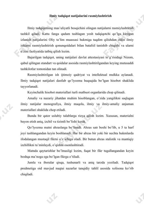 r va ixtiboslar bilan to’ldirib yuborish tavsiya etilmaydi, bu diqqatni asosiy masaladan chetga tortadi. ixtibos (matnda keltirilgan asos) adabiyoti va manbai aniq ko’rsatiladi. so’z qisqartmalari standart simvollar orqali beriladi. masalan, 10 tonna 10 tn yoki 10 t. emas, faqat 10 t (nuqtasiz) shaklida yoziladi. bunday standart iboralar va qisqartmalar haqidagi ma’lumot barcha qomusiy va ixtisoslashgan lug’atlarda mavjud. har qanday tugallangan ilmiy ish natijalarini matnga tushirish ma’lum kompozisiya (tuzilma) asosida amalga oshiriladi. bunda birinchi navbatda mantiqiy izchillik va strukturaviy ketma-ketlikka e’tibor berish kerak. hisobot, risola yoki maqola yozishda quyidagi strukturaga rioya qilinadi. oldin ishni nomi belgilanadi. ishni nomi sar varaq hisoblangan 1betga olib chiqiladi. shu betda muallif yoki mualliflar familiyalari, lavozimi, vaqt, muassasa va shahar nomlari yoziladi. ishni nomi imkoniyat darajasida qisqa, aniq bo’lishi va bajarilgan ish mazmuniga mos kelishi kerak. sar varaqdan keyin mundarija joylashtiriladi. mundarijada ishning barcha bo’limlari va qismlari (boblar, paragraflar, raqamlar bilan ifodalangan sahiyaalar), ularning nomlari belgilanadi. …