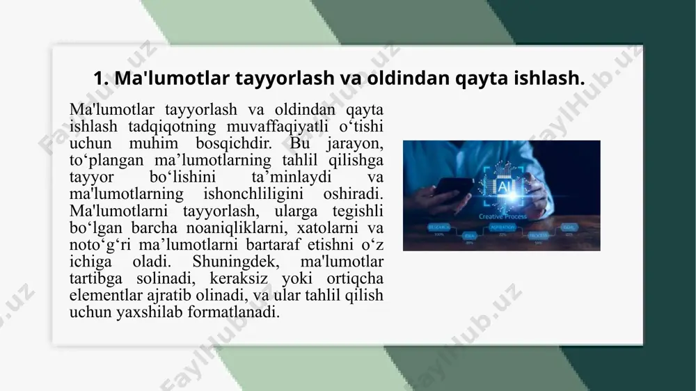 oladi. tarmoq arxitekturasining tanlovi o‘rganilayotgan muammoning xususiyatlariga bog‘liq. masalan, tasvirlarni tahlil qilish uchun konvolyutsion neyron tarmoqlari (cnn), vaqt ketma-ketligini o‘rganish uchun esa takroriy neyron tarmoqlar (rnn) ko‘proq ishlatiladi. arxitektura tanlanganidan so‘ng, tarmoqni o‘qitish jarayoniga o‘tish mumkin. o‘qitish, neyron tarmog‘ining ma’lumotlardan o‘rganishini va ularga mos ravishda o‘zining og‘irliklarini optimallashtirishni anglatadi. o‘qitish jarayonida xato funktsiyasi (loss function) va optimizatsiya algoritmi muhim rol o‘ynaydi. 3. modelni baholash va sinflashtirish natijalarini tahlil qilish. modelni baholash jarayonida, birinchi navbatda, turli metrikalar ishlatiladi. aniqlik, modelning to‘g‘ri tasniflangan namunalar ulushini ko‘rsatadi, lekin bu metrika ba'zida modelning faqat to‘g‘ri sinflangan namunalarni ko‘rsatishi bilan cheklanishlarga ega bo‘lishi mumkin. shuning uchun, precision, recall va f1-score kabi metrikalar ham qo‘llaniladi. precision modelning to‘g‘ri ijobiy sinflangan namunalarining ulushini ifodalaydi, recall esa barcha haqiqiy ijobiy namunalarni aniqlash imkoniyatini o‘lchaydi. f1-score esa bu ikkala metrikani muvozanatlashadi va modelning umumiy samaradorligini ko‘rsatadi. sinflashtirish natijalarini tahlil qilishda, xato matriksi yordamida modelning to‘g‘ri va noto‘g‘ri tasniflagan sinflari …