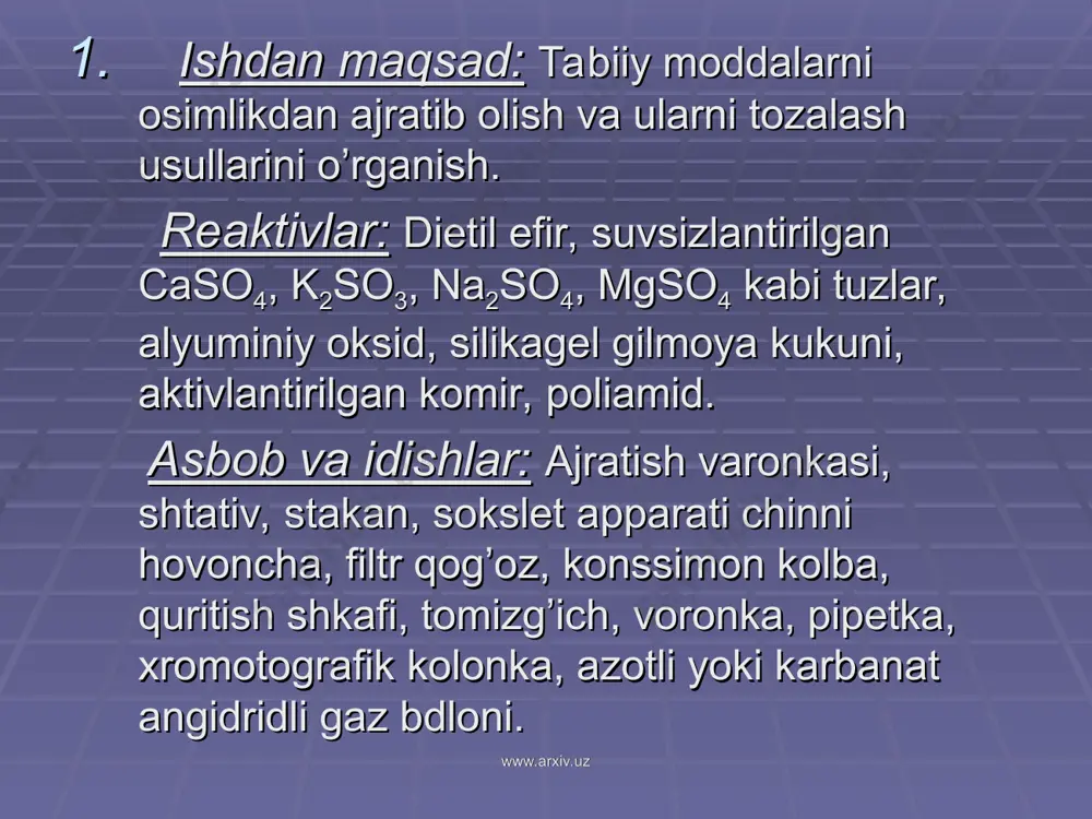 a yana chayqatiladi. www.arxiv.uz www.arxiv.uz bunda suvdagi modda efirda erib, suvdan efirga o’tadi. ajratkich voronka shtativga o’rnatilib, suyuqlikni tinishini va qavatga ajralishini biroz kuzating. keyin probka olinib, jumrak ochilib, pastki suvli qavat biror idishga quyib olinadi. yuqori efirli ekstrakt esa boshqa idishga quyib yig’iladi. olingan ekistraktlarni suvsizlantirilgan caso4, k2so3, na2so4, mgso4 kabi tuzlar bilan quritiladi. www.arxiv.uz www.arxiv.uz organik moddalarni xaydashda va ajratib olishda xaydash usulidan keng qo’llaniladi. xaydash ko’pincha suyuq moddalarni ular bilan aralashgan moddadan tozalash yoki har-hil qaynash temperaturasiga ega bo’lgan suyuq moddalar aralashmalarni bir-biridan ajratish uchun ishlatiladi. www.arxiv.uz www.arxiv.uz 1-termometr, 2-xaydov ko’lbasi, 3-libix sovutkishi, 4-alanj, 5-qabul idishi. www.arxiv.uz www.arxiv.uz haydashda olingan modda barqaror bo’lib, u qaynash temperaturasigacha parchalanmasa xaydash oddiy sharoitda olib boriladi. masalan: uglevodlar, spirtlar, oddiy va murakkab efirlar, kislotalar oddiy sharoitda bosimda haydaladi. www.arxiv.uz www.arxiv.uz 1-kolba, 2-haydov kolbasi, 3-sovutkich, 4-alanj, 5-qabul idishi www.arxiv.uz www.arxiv.uz