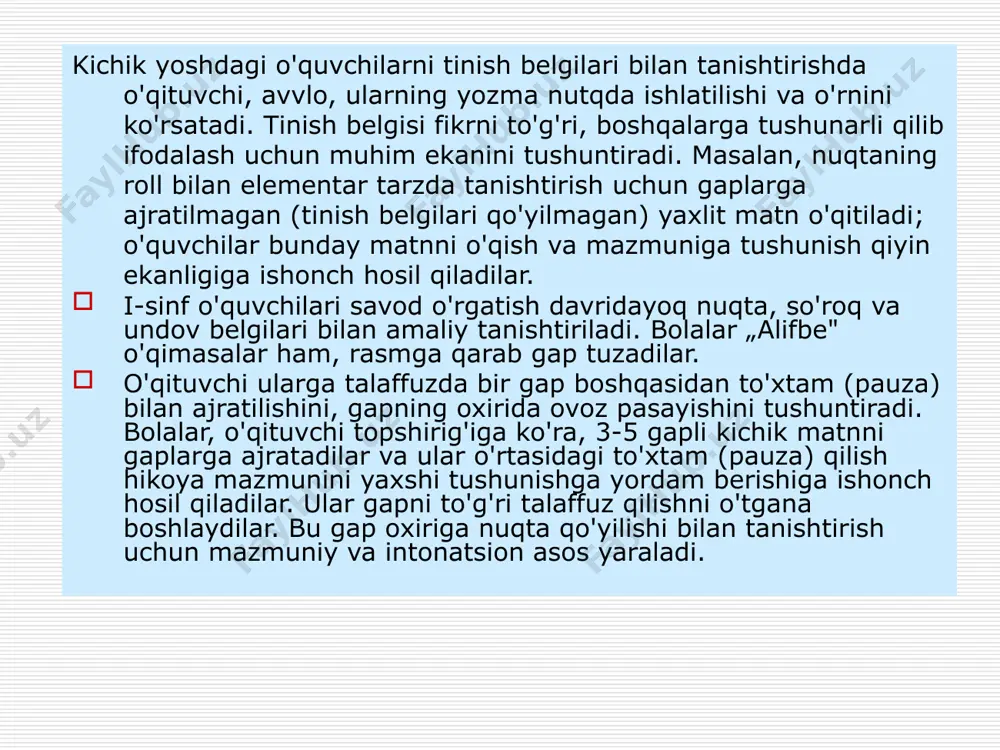 maliy ma'lumotlar beriladi. 2-sinfda esa o'quvchilar gap haqida nazariy tushunchalar oladilar. ular gapdan shu gap kim yoki nima haqida aytilganini va u haqda nima deyilganini bildirgan so'zni ajratishga o'rganadilar. aslida gap­ning grammatik asosi ustida ishlash mana shundan boshlanadi va bu bosh bo'laklarni o'rganishga muqaddima bo'ladi. 3-sinf gap ustida ishlashda yangi bosqichdir. o'quvchilar gapni amaliy o'rganishdan tushuncha sifatida o'rganishga o'tadilar. ular gapning muhim belgilarni bilib oladilar. bu bosqichda bosh va ik-278 kinchi darajali bo'laklarning ta'rifi, ega va kesim atamalari kiritiladi. bu sinfda gapda so'zlarning bog'lanishiga katta e'tibor beriladi. o'quvchilar gapning asosi (ega va kesim)ni ajratadilar, ikkinchi darajali bo'laklarni farqlaydilar va gapdagi ikki so'z (hokim va tobe so'z)ni, so'zlarning grammatik jihatdan, ya'ni qo'shimchalar orqali bog'lanishini bilib oladilar. 4-sinfda gapning uyushiq bo'laklarini o'rganish bilan gap bo'laklari haqidagi bilim kengaytiriladi. boshlang`ich sinflarida punktuatsiya elementlari ustida ishlash metodikasi o'quvchilarga tinish belgilarini ishlatish qoidalarini to'la singdirish, ularni tinish belgilarini o'z o'rnida ongli ishlatishga o'rgatish maqsadida sintaktik-punktuatsion …