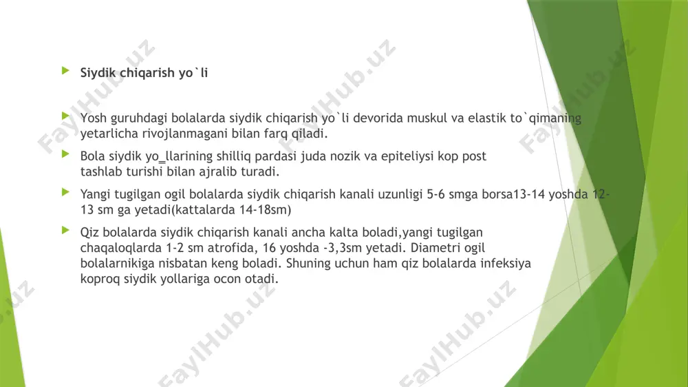 ng uch tamoni kengayadi, o’siqcha esa yuqoriga tamon o’zayib, mezonefrozning orqa tamonidan ko’tarilaveradi.o’siqcha uchidagi kengayish bo’lajak buyrak jomi sifatida, keyinchalik o’rtasi botib, 2 ta xaltacha bo’linadi, bular buyrakning 2 ta katta kosachalaridir. keyinchalik bu xaltachalar yana shoxlanib, kichik kosachalar va ularga qo’shilgan mayda yo’llarni hosil qiladi. dastlab buyrak embrionning dum qismida bolib, asta sekin osish va rivojlanishiga qarab buyrak toz sohasidan (xomila rivojining 7 haftaligida) qorin boshligiga kotarila boradi. 9 haftalik xomilada buyrak aorta bifurkatsiyasidan yuqoriroq boladi. shu joyda u o’z oqi atrofida 90 gradusga burilib, botiq qismi ichkari tamonga qarab buraladi, buyrakni hosil bo’lishi va siljishini, burilishini buzilishidan bir qator (anamaliyalar) tuqma nuqsonlar kuzatiladi: 1 tamonlama buyrak, chanoqdagi buyrak, taqasimon buyrak , distopik buyrak va boshqalar. bolalarda 7-8 yoshgacha buyrak pastda joylashadi, chunki nisbatan kattaligi hisobiga umrtqaning bel qismi kalta bo’lganligi uchun nafas olishida buyrak yoshi kichik bolalarda 1 smga, katta yoshdagi bolalarda 2 smga pastga siljiydi. patologik buyrakni …