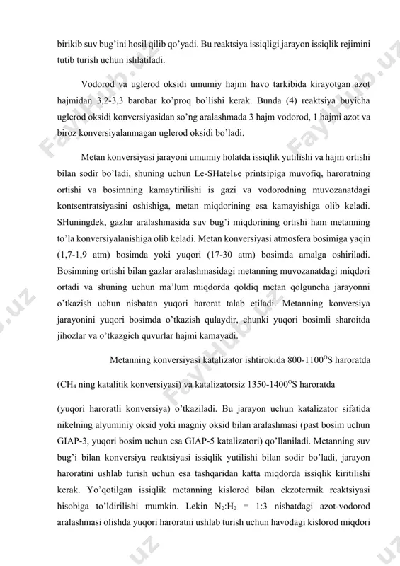 slorod bilan boyitilgan havo oldindan qizdiriladi va so’ngra metanning kislorod bilan konversiya jarayoni amalga oshiriladi. reaktsiya doirasida harorat 1350-1400osda ushlab turiladi. metanning yuqori haroratli konversiyasini o’tkazishda (ayniqsa boshlanishida va to’xtatilishida) metanning termik parchalanishidan (ch4 → c + 2h2) qurum hosil bo’lishi mumkin. konversiyalangan gaz qurumdan saturator qurilmalarida suv bilan tozalanadi. 2-rasm. metanni yuqori haroratli konversiyasi uchun qurilma sxemasi: 1 – kislorod qizdirgich; 2 tabiiy gaz qizdirgich; 3 – metan konvertori; 4 – skrubber. azot sanoatida oksidlovchi agent sifatida suv bug’i va havo ishlatiladigan metanni ikki bosqichli katalitik konversiyalash ko’p qo’llanilmoqda. konversiyaning birinchi bosqichida quvurli reaktorda (quvurli pechь) suv bug’i bilan jarayon o’tkaziladi. ikkinchi bosqichda esa shaxtali konvertorda qoldiq metanni kislorod bilan konversiyasi amalga oshiriladi. quvurli pechь nikelь katalizatori joylangan bir necha parallel quvurlar bo’lib, u orqali metanning suv bug’i bilan aralashmasi o’tkaziladi. kataliz doirasida yuvori haroratni ushlab turish va yo’qotilgan issiqlikni to’ldirish uchun pechning quvurlararo bo’shlig’ida tabiiy gaz yoqiladi. quvurli …