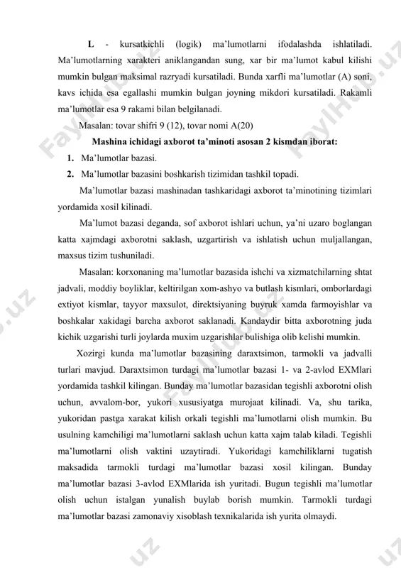 milov aziz. 4.sobirov. akmal bu misolda 5 ta yozuv bulib, ularning xar biri oltita maydondan iborat. maydonlar nomi: «familiya», «ismi». yozuvdagi maydonlar soni yozuvga kiritilgan axborotlar xajmiga boglik. shu sababli, yukoridagi misolga yana boshka, masalan, «ol-5 baxolar soni», «koldirgan darslar soni» kabi maydonlarni kiritish mumkin. faylga kiritilgan yozuvlar birlamchi xisoblanadi. ixtiyoriy boshka ma’lumotni shu yozuvlar yordamida aniklash mumkin. masalan: maktabdagi 10-sinf ukuvchilar soni, axborotlar texnologiyasi faniga kizikadigan ukuvchilar soni. bu ma’lumotlarni olish amaliy dasturlar va fayllar yordamida xal kilinadi. insoniyat tomonidan katta mikdordagi bilimning tuplanishi, turli xil axborotlarni saklash masalasini xal kilishni talab etadi. bunda axborotlarni saklash yagona maksad xisoblanmaydi, balki u kerakli ma’lumotlardan kerakli vaktda foydalana olish, turli xujjatlarni kayta ishlashga muljallangan. xozirgi kunda bir kancha ma’lumotlar bazasini boshkarish tizimi yaratilgan: rebus, karat, subd+, dbase, foxbase, foxrro, access va boshkalar. bu tizimlar kuyidagi vazifalarni bajaradi: 1) ma’lumotlar bazasida joylashgan ma’lumotlarni kurish. 2) ma’lumotlar bazasiga yangi yozuvlarni kiritish. 3) ma’lumotlar …
