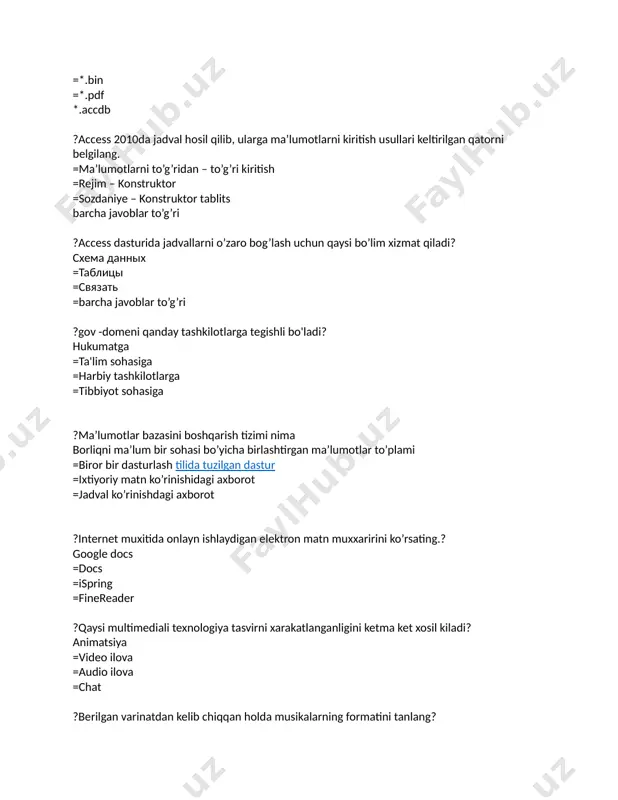 dim etish shakli? taqdimot prezentatsiyalar =matn muxarriri =elektron jadval protsesori =blaknot dasturi ?hukumatga oid domen nomi bu..? gov =edu =gan =com ?videoilovalar qanday ilovalar? xarakatlanuvchi tasvirlar ishlab chikarish texnologiyasi va namoyishi =tovush jurligidagi xarakatlanuvchi suratlar tuplami =rakamli tovushlar bilan ishlovchi dasturlar =barcha javoblar tugri ?tasvirlarni vizual va tovushli uzatib berishning dunyodagi eng ilgor usuli? 3d texnologiya =matnlar muharrirlari orqali =2d texnologiya =takdimot orqali ?uch ulchamli chizmalar asosida buyumlarni chop etuvchi qurilma.? 3d printer =3d monitor =3d skaner =3d kamera ?bizni urab turgan xaqikiy dunyoning, kompyuter yordamida yaratilgan va boshkariladigan soxa modeli nima deb ataladi? vertual voqelik =3d texnologiya =masofaviy ta’lim =multimedia ilovalari ?multimedia-bu nima? informatikaning dasturiy va texnikaviy vositalari asosida audio-video matn grafika va animatsiya effektlari asosida o’quv materiallarini talabalarga etkazib berishning mujassamlashgan xoldagi ko’rinishi =informatikaning dasturiy va texnikaviy vositalari asosida audio-video matn grafika va animatsiya effektlari asosida o’quv materiallari =kompyuter va uning qo’shimcha qurilmalari =matn muharrirlari yordamida yaratilgan o’yinlar …