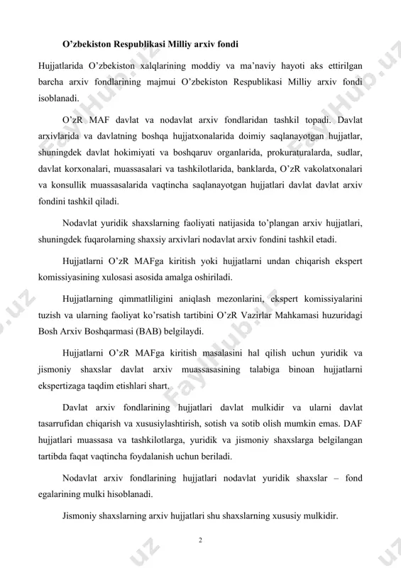 n fuqarolarning hujjatlari ularning merosxo’rlari tasarrufiga o’tadi. qonun bo’yicha yoki vasiyatnoma bo’yicha merosxo’rlar bo’lmasa, shuningdek arxivning egasini aniqlashning imkoni bo’lmasa, bu holda hujjatlar davlat mulkiga o’tadi. davlat arxiv fondini turkumlashtirish deganda ularni eng muhim belgilariga qarab guruhlarga bo’lish tushuniladi. hujjatlarni turkumlashtirish arxiv ishini to’g’ri tashkil etish hamda ulardan hartomonlama foydalanish uchun zarurdir. daf hujjatalrining turkumlashtirish uch bosqichda amalga oshiriladi: 1) daf hujjatlarini umumiy tarzda turkumlash; 2) hujjatlarni arxiv doirasida turkumlash; 3) hujjatlarni arxiv fondi doirasida turkumlash. birinchi bosqchida dafning barcha hujjatlari turkumlanadi va qaysi hujjat qaysi arxivda saqlanishi aniqlanadi. ikkinchi bosqichda har bir arxivga taalluqli hujjatlar turkumlanib, har bir hujjatning qaysi fondda saqlanishi aniqlanadi. uchinchi bosqichda har bir fondga taalluqli hujjatlar turkumlanadi va ularning fond ichida saqlanish tartibi belgilanadi. daf hujjatlarini umumiy tarzda turkumlash ularni davlat arxivlariga to’g’ri taqsimlash maqsadida amalga oshiriladi. arxivshunoslikda hujjatlarni umumiy tarzda turkumlash chog’ida quyidagi asosiy belgilar hisobga olinadi: 1. hujjatlarning ma’lum bir davrga mansubligi; 2. …