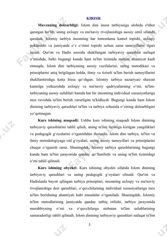 tarbiyaning asosiy g‘oyaviy poydevori qur’ondagi ta’limotlar va payg‘ambar muhammadning o‘gitlariga asoslanadi. qur’onda inson ilm olishga, odobli va insofli bo‘lishga undalgan. tarbiya jarayonida mehr-oqibat, sabr, halollik va adolat kabi fazilatlar alohida o‘rin tutadi. payg‘ambar muhammadning hayoti esa tarbiyaning amaliy namunasi sifatida qaraladi, chunki u insonlarga nafaqat bilim o‘rgatgan, balki o‘z xulqi bilan ularga namuna bo‘lgan. islom falsafasida tarbiya nafaqat bolalik davrida balki inson umrining har bir bosqichida davom etuvchi jarayon sifatida qaraladi. shaxs kamoloti nafaqat oilada, balki jamiyatda, maktabda va diniy muassasalarda ham shakllanadi. oilaning tarbiyadagi roli nihoyatda muhim bo‘lib, ota-onalar farzandlariga faqat moddiy ta’minot bilan emas, balki axloqiy va ma’naviy yetuklik bilan ham g‘amxo‘rlik qilishi lozim. tarbiyaning asosiy maqsadi insonni mukammal axloq sohibi qilishdir. islomda bu mukammallik qur’ondagi "insonlarning eng yaxshisi boshqalarga foydali bo‘lgandir" degan tamoyil asosida belgilanadi. demak, haqiqiy tarbiya insonni nafaqat o‘z manfaatini o‘ylaydigan shaxsga, balki jamiyat va butun insoniyat farovonligi yo‘lida harakat qiladigan komil insonga aylantirishni nazarda …