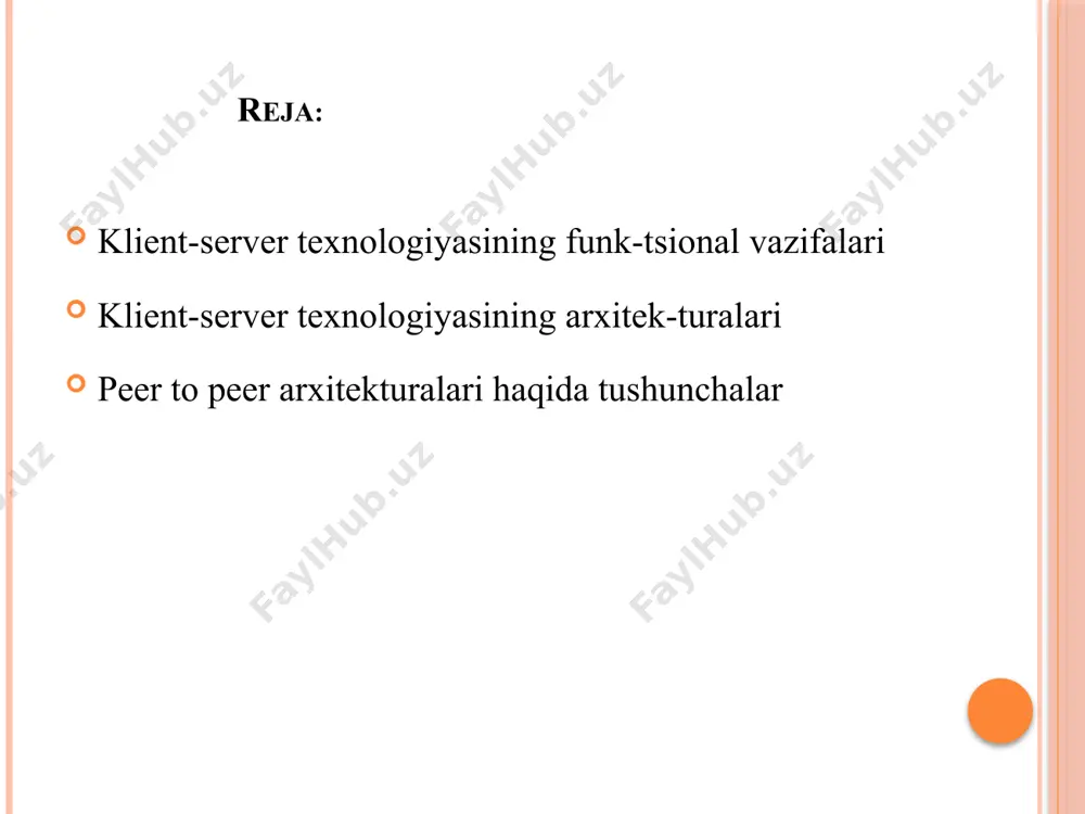 t/s, gbit/s): 1 kbit/s = 1024 bit/s; 1 mbit/s = 1024 kbit/s; 1 gbit/s = 1024 mbit/s. kompyuter tarmoqlarining qurilish tamoillari. kompyuter tarmoqlari ko’pgina belgilariga asosan tasniflanadi (klassifikatsiyalanadi). kompyuter tarmoqlarini tasniflashda asosiy belgilari quyidagilardan iborat: tarmoqning texnologik xususiyatlari; tashkiliy mezonlari; funktsional roli va tarmoq tarkibi. tarmoqning texnologik xususiyatlari nuqtai nazaridan tarmoq quyidagi belgilarga tasniflanadi: hududni qoplashi; uzatish muhit turi; topologiyasi; kommutatsiya usuli; paketlarni harakatlash usuli. mijoz-server texnologiyasi. mijozlar va serverlar. internetda uzoqlashgan kompyuterlar bilan ishlash uchun mijoz/server texnologiyasi qo’llaniladi. bunda foydalanuvchi bevosita ishlayotgan kompyuter (ishchi stantsiya) mijoz, asosiy ma’lumotlar va resurslar joylashgan uzoqlashgan kompyuter esa server deb qaraladi. bu texnologiyaga tayanib, internet resurslariga bemalol kirib, ulardan foydalanish imkoniyati paydo bo’ldi. bunday texnologiyani qo’llash juda oddiy. kerak bo’lgan ma’lumot yoki resursga kirish uchun klient programma ishga tushiriladi va u kerakli ma’lumot va resurslarni aniqlashtiradi. so’ngra bu programma kompyuter tarmog’i orqali resurs va ma’lumotlarni boshqaruvchi server programma bilan bog’lanadi. mijoz va server …
