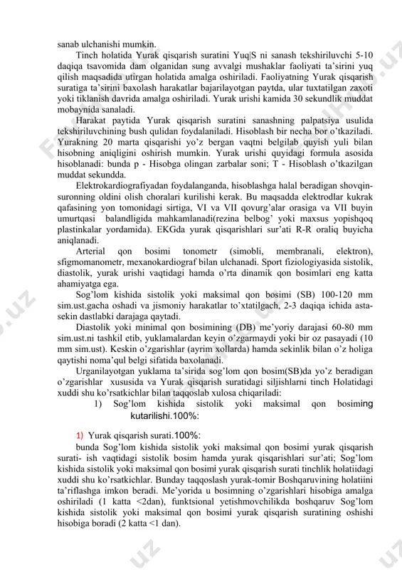 i, sport turi, istiqbol rejalarning vazifasi, yosh hamda jinsiy xususiyatlar bilan bog’liq. tayyorgarlik davri oxiriga kelib (ayniqsa, chidamli likka asoslangan sport turlarida, shuningdek, mashg’ulot yuklamalarining katta hajmini bajarishda), tana vazni kamayadi, yurak qisqarish surati(yu/s), nafasolish qisqaradi, arterial qonbosimi, tremor amplitudasi, barqaror yuklamalar hamda muayyan tiklanish davri uchun yurak urishi yig’indisi pasayadi; jismoniy ishchanlik qobiliyati, shuningdek, aerob samaradorlikda kuchli usish ko’zatiladi, upkada maksimal havo aylanishi ko’payadi. sportning tezkorlik - kuch bilan bog’liq; turlariga ixtisoslashayotgan sportchilarda mushak- kuch va kuch chidamliligi ancha oshadi. bevosita musobaqalar oldi tayyorgarligi bosqichida yuqorida ko’rsatib utilgan barcha siljishlar sur’ati aytarli baland bulmaydi (ayniqsa malakali sportchilarda). eng ko’p o’zgarishlar yosh sportchilarda, shuningdek, mashg’ulotdagi amallarning odatdagi stereotiplari urin almashganda ko’zatiladi. mazkur bosqich sungida va asosiy musabaqalar davriga kelib, maksimal jadallikdagi maxsus yuklamalardan keyin ishchanlik qobiliyati ko’rsatkichlari eng ko’p axborot beradi. musabaqalarga bevosita tayyorlanish davrida (ayniqsa, sunggi kunlarda) tekshirilayotgan ko’rsatkichlardagi siljishlar start oldi holati yoki tana vaznini boshqarish va kamaytirish …