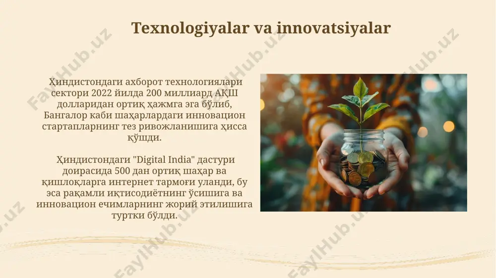 -yilga kelib 1 trillion dollarga yetishi va 25 milliondan ortiq ish o'rinlari yaratishi prognoz qilinmoqda, bu esa mamlakatning texnologiya sektorini jahon miqyosida mustahkamlaydi. qishloq xo'jaligi sohasi hindiston iqtisodiyotiga 15% dan ortiq hissa qo'shishda davom etib, 2027-yilga kelib, oziq-ovqat mahsulotlarini eksport qilish hajmi 50 milliard dollarga yetishi mumkin, bu esa gujarat va punjab shtatlari uchun katta imkoniyatlar yaratadi. chet el investitsiyalari va ularning ta'siri yaponiya va aqsh kabi rivojlangan mamlakatlardan kelgan investitsiyalar hindistonning avtomobilsozlik va farmatsevtika sanoatlarining rivojlanishiga sezilarli hissa qoʻshdi, ishlab chiqarish hajmini 15% ga oshirdi. 2022-yilda hindistonga toʻgʻridan-toʻgʻri xorijiy investitsiyalar 84,8 milliard dollarni tashkil etdi, bu mamlakat iqtisodiyotining turli sohalariga, jumladan, texnologiya va infratuzilmaga katta taʼsir koʻrsatdi. sanoat sektorining hissasi sanoat sektorining rivojlanishi gujarat shtatida energetika va kimyo sanoati kabi sohalarning 2024 yilga kelib 10% ga o'sishi bilan yaqqol ko'rinib turibdi, bu esa mamlakatning eksport salohiyatini oshirishga hissa qo'shmoqda. 2022-yilda hindistonning sanoat sektorining yalpi ichki mahsulotga qo'shgan hissasi taxminan …