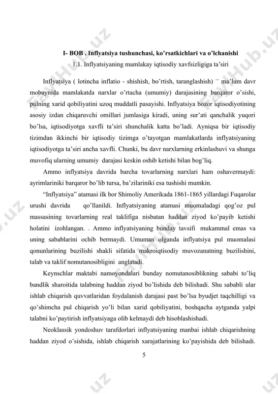 urlari bozorning oʻzi tomonidan yaratiladi. bozor sharoitida ochiq, muvozanatlashgan i. yuz beradi, bunda narxlar pariteta (nisbati) oʻzgarmaydi,harajatlar ortishiga qarab narxning oʻsishi firmalarning foyda olib ishla-shini taʼminlaydi. inflatsiya pul qadrini tushirib, uning iqtisodiy ahamiyatiga putur yetkazadi, shu bois davlat harajatlarini qisqartirish, soliqlarni oshirish, pul emissiyasini cheklash, monopol narxlarni tartiblash, narx erkinligini taʼminlash, ortiqcha pullarni bankka, qimmatli qogʻozlar bozoriga tortish va boshqalarlardan iborat i.gaqarshi siyosat yuritiladi. inflatsiya jahondagi barcha mamlakatlarga xos va xalqaro tus olgan. masalan, inflatsiya surʼatlari 1980-yilda aqshda10,8, yaponiyada 7,1, germaniyada 5,8, fransiyada 13,3, buyukbritaniyada 16,3% ni, 1990-yilda tegishlicha 5,0; 2,4; 2,5; 3; 4,7% ni tashkil qildi. inflatsiya shiddati narxlarning oʻsish indeksiga qarab aniqlanadi. bu indeks oʻzbekistonda 300 ga yaqin tovarlar (2000-yil) narxi oʻzgarishlarini hisobga oladi. xalqaro amaliyotda inflyatsiyaning narxlarini o’sishi, yani pullarning mikdori o’sishi jixatidan asosan uch shaklini ajratiladi: 1. sokin inflyatsiya. ushbu inflyatsiya iqtisodiy rivojlangan mamlakatlarda mavjud bo’lib, ushbu holatda mahsulotlar, bajariladigan ishlar va ko’rsatiladigan xizmatlarga bo’lgan narx-navolar …