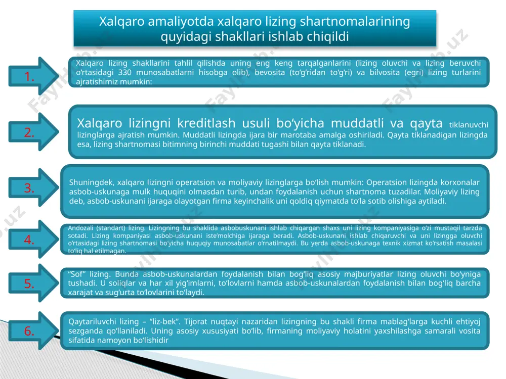 ular: 1. aqsh; 2. g‘arbiy yevropa; 3. yaponiya. xorijiy investitsiyalarni tovar shaklda jalb etishning bir ko‘rinishi sifatida mamlakatda lizing xizmatlarini ko‘payishi iqtisodiyotdagi ishlab chiqarish sektorini rivojlantiradi. bundan tashqari, xalqaro lizing xalqaro kreditni bir shakli sifatida banklar va lizing kompaniyalari o‘rtasida raqobat kuchayishiga turtki bo‘ladi. bu o‘z navbatida, ssuda foizlari tushishiga va natijada, kapitallarni ishlab chiqarish sohalariga oqib kirishi uchun qulay zamin yaratadi. xalqaro lizing operatsiyalarini amalga oshirishda vujudga keladigan risklarni baholashda odatda quyidagi omillarni e’tiborga olish taqozo etiladi: - lizing oluvchi kompaniyaning moliyaviy holati va tijorat doirasidagi mavqei; - shartnoma bahosining ikkilamchi bozordagi o‘zgarishi; - lizing oluvchi firma tomonidan lizing obyektini ishlatilish shartsharoitlari lizing oluvchi kompaniya mamlakatdagi moliyaviy-iqtisodiy va siyosiy holatlar (yani, milliylashtirish riski, chet elga valyuta mablag‘larini o‘tkazishdagi mavjud cheklovlar, garov huquqini amalga oshirishda vujudga keladigan qiyinchiliklar riski va boshqalar). iqtisodiy o‘sishni rag‘batlantirish, xususan, investitsiyani o‘sishiga shart-sharoit yaratish uchun hukumat va moliyaviy organlarning lizing operatsiyalari rivojlanishiga ko‘maklashishi. - likvid …