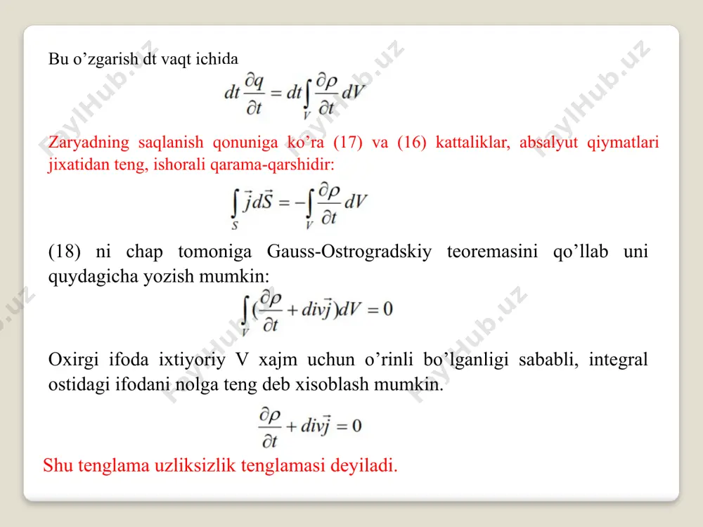 edi. faqat 1888 yilda gers elektomagnit to’lqinlarning mavjudligini tajribada ko’rsatish bilan siljish tokining realligini isbotladi. bu yerda shuni ta’kidlash lozimki, nisbiylik nazariyasiga va umumiy prinsiplarga asoslangan nazariyada siljish toki tenglamalarda o’z-o’zidan paydo bo’ldi. shunday qilib, berk kontur bo’yicha magnit maydon sirkulyatsiyasi shu kontur tortib turgan sirtdan oqayotgan haqiqiy (zaryadlarning ha­rakati bilan bog’liq bo’lgan tok) va siljish toklarining yig’indisini 4π/c ga ko’paytmasiga teng. bu qonun boshqacha qilib ta:riflanadi: uyurmali magnit maydonni haqiqiy tok bilan bir vaqtda o’zgaruvchi elektr maydon vujudga keltiradi. foydalanilgan adabiyotlar ro’yxati 1. abdumalikova.a., elektrodinamika, “cholpon", t., 2011.- 344 b. 2. landau , l. d, lifshits e.m , teoriya polya.–izdanie 8-e, stereotipnoe. –m.: fizmatlit, 2006. – 534 s. 3. landau, l. d, lifshits e.m. elektrodinamika sploshnix sred. – izdanie 4-e, stereotipnoe. –m.: fizmatlit, 2003. -656 s 4. toptigin i.n. sovremennaya elektrodinamika. - moskva–ijevsk, 2002.-736 s. elektronnaya biblioteka mfti . 5. kiselev v.v. klassicheskaya elektrodinamika. seminari po kursu «teoriya polya»: …