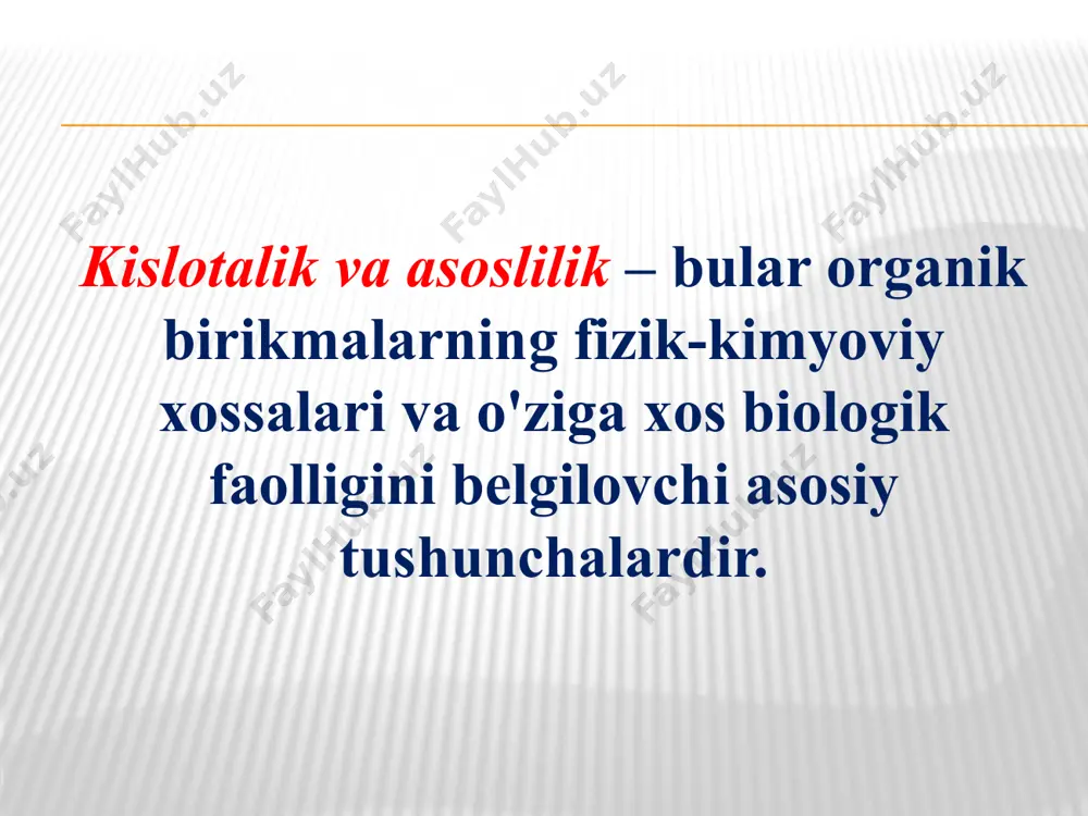ng (anion) barqarorligi bilan belgilanadi - anion qanchalik barqaror bo'lsa, kislota kuchliroq bo'ladi. anion barqarorligini belgilovchi omillar: kislota markazidagi atomning tabiati; kislota joyida o'rinbosarlarning elektron ta'siri tufayli anionni barqarorlashtirish imkoniyati; solvatsiya (erituvchi molekulalar bilan o'zaro ta'sir) tufayli anion stabilizatsiyasi imkoniyati. atom tabiatini kislota markaziga ta'siri сн nh он sh сн nh он sh elektromanfiylikning oshishi radusn i ng or t i sh i kislota xossasining oshishi kislota xossasiga urinbosarning ta’siri induktiv ta'sir tufayli mezomer effekt tufayli kislotali xossasining oshishi kislotali xossasining oshishi asosiylikka ta'sir qiluvchi omillar asosning mustahkamligi elektron juftning mavjudligi va konjugat kislotaning (kation) barqarorligi bilan belgilanadi - kation qanchalik barqaror bo'lsa, asos shunchalik kuchli bo'ladi. asoslikka kislotalilik bilan bir xil omillar ta'sir qiladi, ammo teskari yo'nalishda. n-asoslar π-asoslar asosiylikni mustahkamlash asosiy markazda atom tabiatining ta'siri s о n urinbosarlarning asos markaziga ta’siri asos xossalarni oshishi o'rinbosarlarning kislotalilik va asoslilikka ta’sir qonuniyatlari elektron donor o'rnini bosuvchi moddalar kislotalilikni susaytirish; …