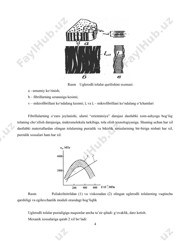 qurilishini sxemasi: a - umumiy ko‘rinish; b – fibrillarning uzunasiga kesimi; v – mikrofibrillani ko‘ndalang kesimi; la va lc – mikrofibrillani ko‘ndalang o‘lchamlari fibrillalarning o‘zaro joylanishi, ularni “orientatsiya” darajasi dastlabki xom-ashyoga bog‘liq: tolaning cho‘zilish darajasiga, makromolekula tarkibiga, tola olish texnologiyasiga. shuning uchun har xil dastlabki materiallardan olingan tolalarning puxtalik va bikirlik xossalarining bir-biriga nisbati har xil, puxtalik xossalari ham har xil. rasm poliakrilnitrildan (1) va viskozadan (2) olingan uglerodli tolalarning vaqtincha qarshiligi va egiluvchanlik moduli orasidagi bog‘liqlik uglerodli tolalar puxtaligiga nuqsonlar ancha ta’sir qiladi: g‘ovaklik, darz ketish. mexanik xossalariga qarab 2 xil bo‘ladi: 1. yuqori puxtalikdagi tola: v=2500-3200 mpa e=(180-220)103 mpa. 2. yuqori modulli tola: v =1400-2200 mpa e=(350-550)103 mpa. korxonalar uglerodli tolalarni buralgan yoki buralmagan arqon formasida chiqaradi. arqondagi tolalar soni: 1000-160 000 tola diametri d=7 mkm. kamchiliklari: 1. havoda oksidlanishiga moyilligi; 2. metall-matritsa bilan kimyoviy aktivligi; 3. polimer-matritsa bilan adgeziya pastligi. yuqoridagi 2 kamchilikni yo‘qotish uchun tolaga metall …