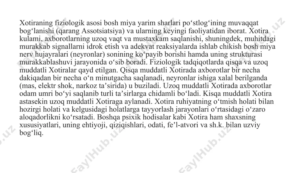 ishi va uning instinktiv xatti-harakati to'g'risidagi ma'lumotlarni saqlaydigan genetik (genotipik, irsiy, tur) va tug'ilishdan boshlab to'plangan ma'lumotlar miqdorini belgilaydigan hayot (individual, fenotipik). o'lim. ushbu turlar orasidagi oraliq pozitsiyani bosib chiqarish (imprinting) egallaydi - tug'ilgan organizm va tashqi muhitning biron bir ob'ekti o'rtasidagi aloqani "bir vaqtning o'zida" o'rnatish mexanizmi (masalan, bola va ona o'rtasidagi aloqa); - faoliyatda ustun bo'lgan aqliy faoliyatning tabiati va asosan mnestik jarayonda ishtirok etadigan tizimga qarab (esda saqlangan materialning modalligi mezoni ham mavjud): obrazli (vizual, eshitish, taktil va boshqalar), vosita yoki vosita, erta rivojlanib, avtomatlashtirilgan ko'nikmalarning asosiga aylanadi. 6 oylikdan 3-5 yoshgacha bo'lgan davrda bolada shakllanadigan hissiy xotira yoki hissiy rangdagi hodisalar uchun xotira biroz ajralib turadi; - saqlangan ma'lumotlarning yo'nalishi bo'yicha: protsessual, qanday harakat qilish kerakligini ko'rsatadigan va deklarativ (ma'lumotnoma, aniq shakllantirilgan); - saqlangan materialning tabiati bo'yicha: epizodik (avtobiografik) - o'tgan hayot voqealari xotiralarini o'z ichiga oladi va semantik (ramziy) - xotiraning eng yuqori turi - …