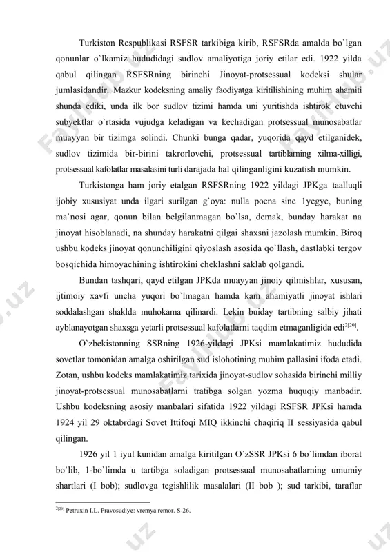rsfsr jpksi hamda 1924 yil 29 oktabrdagi sovet ittifoqi miq ikkinchi chaqiriq ii sessiyasida qabul qilingan. 1926 yil 1 iyul kunidan amalga kiritilgan o`zssr jpksi 6 bo`limdan iborat bo`lib, 1-bo`limda u tartibga soladigan protsessual munosabatlarning umumiy shartlari (i bob); sudlovga tegishlilik masalalari (ii bob ); sud tarkibi, taraflar hamda raddiya berish asoslari (iii bob ); dalillar tushunchasi va ularga qo`yilgan talablar hamda muddatlarga oid masalalr ko`rib chiqilgan. xususan jinoyat sudlov yurituvining prinsiplari a) shaxsning bir jinoyat uchun ikki marotaba jinoiy javobgarlikka tortilishiga yo`l qo`yilmasligi; b) shaxsni faqat qonunda belgilangan tartibda hamda qonun nazarda tutgan jinoiy harakatlari uchun javobgarlikka tortilishi (5-modda); v) jinoya hodisasi yuz berganligini tasdiqlovchi holatlar aniqlanganda, jinoya ishini qo`zg`atilishining muqarrarligi (2, 9-moddalar); g) sud muhokamasining ochiqligi (19-modda); d) jinoyat ish yuritiladigan til (22-modda); sud tarkibining o`zgarmasligi (39-40-moddalar) va boshqalarni ko`rsatib o`tish mumkin. sudlovga tegishlilik hamda raddiya berish masalalarining aniq protsessual mexanizmlari ishlab chiqilib, jumladan, sudlov tizimining uch: 1) …