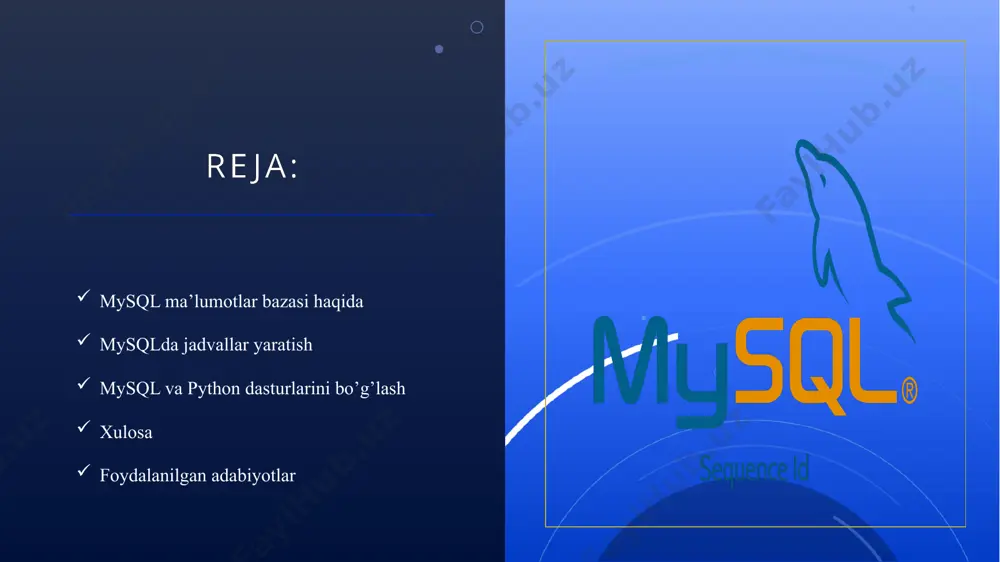 ymysql kutubxonalari kerak 9 python dasturini o’rnatib olamiz 10 python dasturini sozlash 11 mysql dasturni o’rnatamiz 12 mysqldagi asosiy sozlash ishlari 13 cmd orqali mysql va python bo’g’laymiz 14 agar dasturlar muaffaqqiyatli bo’g’lansa,python shunday yozuv paydo bo’ladi 15 mysqlda kutubxona bazasini yaratamiz 16 16 mysqlda jadvallar yaratish 17 select – ma'lumotlarni olish. insert – ma'lumotlarni kiritish. update – ma'lumotlarni yangilash. delete – ma'lumotlarni o‘chirish. create – yangi ob'ektlar (jadval, baza) yaratish. alter – mavjud ob'ektlarni o‘zgartirish. drop – ob'ektlarni o‘chirish. truncate – jadvaldagi barcha ma'lumotlarni o‘chirish. join – jadvaldagi ma'lumotlarni birlashtirish. python dasturini mysqlga bo’g’lash 18 18 dastur natijasi 19 xulosa mysql — bu relatsion ma'lumotlar bazasi boshqaruv tizimi (rdbms) bo‘lib, ma'lumotlarni saqlash, boshqarish va qayta ishlash uchun ishlatiladi. u ochiq manba (open-source) sifatida tarqatiladi va dunyodagi eng mashhur ma'lumotlar bazalari tizimlaridan biri hisoblanadi. mysqlning asosiy afzalliklari uning tezligi, ishonchliligi va keng qo'llanilishi bilan bog‘liq. 20 20 foydalanilgan adabiyotlar https://www.coursera.org/course/latex …