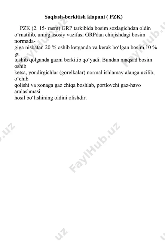 nlari ikki xil bo‘ladi: suyuqlikli chiqarib tashlash qurilmalari (2.18- rasm) (jidkostnoye sborsnoye ustroystva) va prujinali saqlash-chiqarib tashlash klapanlari (2.17- rasm). suyuqlikli chiqarib tashlash qurilmalari yarmigacha suyuqlik (suv,moy) to‘ldirilgan vertikal idish bo‘lib, uning ichiga grpning chiqish quvuriga ulangan naycha tushirib qo‘yilgan. chiqish quvuridagi bosim oshib borsa, naycha ichidagi suyuqlikni siqib chiqara boshlaydi va bosim hisobiy bosimdan 15% oshganda, gaz naycha ichidagi suyuqlikni butunlay siqib chiqarib, idishdagi suyuqlik qatlamidan idishning yuqori qismiga o‘tadi va undan atmosferaga chiqib ketadi va grpning chiqish quvurida bosim pasayadi. shundan so‘ng idish ichidagi suyuqlik yana naycha ichiga kirib, gaz chiqishini to‘xtaydi. shunday qilib, bosim 10 – 15% ga oshganda vaqti-vaqti bilan gazni atmosferaga chiqarib turib, pzkning ishlab ketishining oldi olinadi.bunday suyuqlikli chiqarib tashlash qurilmalari grpdan chiqishdagi bosim faqat past bosim bo‘lgandagina ishlatiladi. chiqish bosimi past bo‘lganda, prujinali chiqarib tashlash klapanlari (psk) ham ishlatiladi (2. 18- rasm). ularda chiqishdagi bosim quvur orqali klapan membranasi ustiga ta’sir qiladi va …