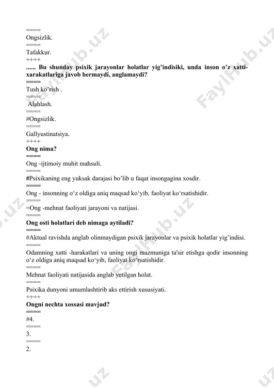 a qaratilgan nutqidir. ==== bir necha suhbatdoshlar о‘rasidagi muloqot. ==== kishilar orasidagi о‘zaro munosabat. ==== suhbatdoshga ta’sir kо‘rsatish. ++++ so’z belgilari tizimi bo’lib, u muloqot jarayonida psixik faoliyat mahsuli bo’lib yuzaga keladi. ==== nutq. ==== #til. ==== ong. ==== muloqot. ++++ pedagog va o’quvchilaming o’zaro ta'sir etish usullari yig`indisi................ ==== #pedagogik muloqot . ==== hamkorlik faolligi. ==== o’zaro tushunish. ==== o’zaro hamkorlik. ++++ insoning o ’zini xayolan suhbatdoshi o’rniga qo’yish orqali uning kechinmalari va hissiyotlarini tushunishga intilishi. ==== #empatiya. ==== identifikasiya. ==== steriotipizasiya. ==== apatiya. ++++ "ovoz bilan gapiramiz, tana biian suxhbatlashamiz" mazkur fikr muallifini aniqlang. ==== #publisiy . ==== genrix. ==== egzipyure . ==== rubinshteyn. ++++ faoliyat nima? ==== #anglangan maqsad bilan boshqariladigan ichki (psixik) va tashqi (jismoniy) harakatlar. ==== maqsadlarimiz mazmuni va uni bajarish usuli. ==== kо‘nikma va malakalar jarayonining sodir bо‘lishi. ==== bilishga bо‘lgan extiyoj asosda shakllanadigan motivlar. ++++ kо‘nikma bu… ==== faoliyatda faollik kо‘rsatish ish-harakatlar yig‘indisi. …