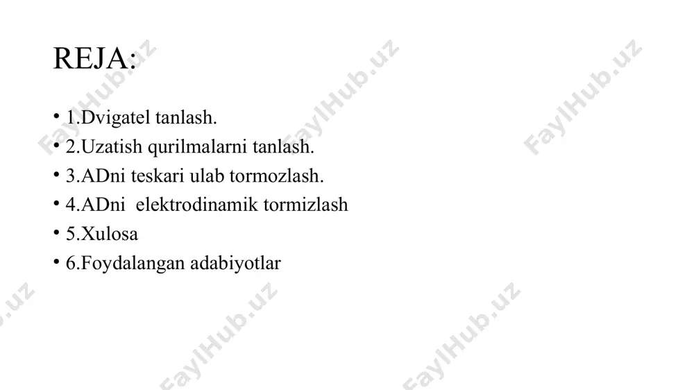 + 0,473 = 2,84 om asinxron dvigatelni teskari ulab tormozlashda kritik sirpanish =1,98 bu erda, tormozlashdagi boshlangich tezlik. tormozlash xarakteristikalari ham kloss formulasi bo’yicha hisoblanadi m=2*4553/(1,98/1+ 1/1,98)=3665 n*m =-6,3 rad/sek adni teskari ulab tormozlash xarateristikalari. asinxron dvigatelni elektrodinamik tormozlash. bu usul bilan tormozlashda dvigatel tarmoqdan uzilib uning statoriga o’zgarmas kuchlanish beriladi, rotoriga esa qo’shimcha tormozlovchi qarshilik ulanadi. o’zgarmas tok i_ statorda i1h o’zgaruchan tok hosil qiladigan eykni hosil qiladi. 0,82*292,7= 240 a bu erda, k- stator chulg’amlarini ulanish sxemasini hisobga oluvchi koeffitsient:k= 0,82 yulduz shaklida, k= 1,23 uchburchak shaklida. o’zgarmas tok kuchlanishi: u_= 0,82*240*0,021=4,13 v ekvivalent o’zgaruvchan tok; ie = 292,7/0,82=356,95a dinamik tormozlashdagi kritik sirpanish quyidagicha hisoblanadi =0,02 dinamik tormozlashdagi mexanik xarakteristikalar ham kloss tenglamasi yordamida hisoblanadi m=2*4553/(1,1/0,02+ 0,02/1,1)=165,5 n*m adni dinamik tormozlash sxemasi va xarateristikalari. elektr yuritmani reostatli ishga tushirishdagi o’tkinchi jarayonlarni hisoblash. elektr yuritmani ishga tushirishda aylanish tezligi, tok va moment vaqtga bog’liq ravishda o’zgaradi. ω = f(t), …