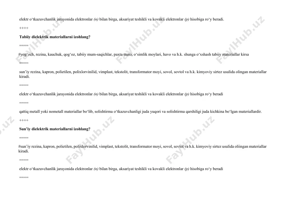 qog‘oz, tabiiy mum-saqichlar, paxta mato, o‘simlik moylari, havo va h.k. shunga o‘xshash tabiiy materiallar kirsa ==== qattiq metall yoki nometall materiallar bo‘lib, solishtirma o‘tkazuvchanligi juda yuqori va solishtirma qarshiligi juda kichkina bo‘lgan materiallardir. ++++ yarim o‘tkazgich materiallarni izohlang? ==== #elektr o‘tkazuvchanlik jarayonida elektronlar (n) bilan birga, aksariyiat teshikli va kovakli elektronlar (p) hisobiga ro‘y beradi ==== yog‘och, rezina, kauchuk, qog‘oz, tabiiy mum-saqichlar, paxta mato, o‘simlik moylari, havo va h.k. shunga o‘xshash tabiiy materiallar kirsa ==== qattiq metall yoki nometall materiallar bo‘lib, solishtirma o‘tkazuvchanligi juda yuqori va solishtirma qarshiligi juda kichkina bo‘lgan materiallardir. ==== elektrotexnika uskunalarida magnit oqimini hosil qilish uchun ishlatiladi. ++++ magnit materiallarni izohlang? ==== #elektrotexnika uskunalarida magnit oqimini hosil qilish, uchun ishlatiladi ==== elektr o‘tkazuvchanlik jarayonida elektronlar (n) bilan birga, aksariyat teshikli va kovakli elektronlar (p) hisobiga ro‘y beradi ==== yog‘och, rezina, kauchuk, qog‘oz, tabiiy mum-saqichlar, paxta mato, o‘simlik moylari, havo va h.k. shunga o‘xshash tabiiy materiallar kirsa …