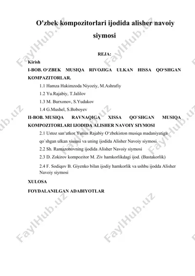 o'zbek kompozitorlari ijodida alisher navoiy siymosi — DOCX