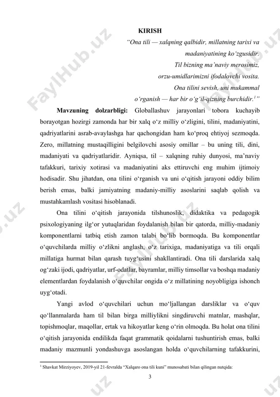 ar haqida amaliy tushunchaga ham ega bo‘ladi. bunday integrativ yondashuv ta’lim samaradorligini oshiradi, tilga hurmatni mustahkamlaydi va jamiyatda sog‘lom milliy tafakkurni shakllantirishda muhim rol o‘ynaydi. shu asosda aytish mumkinki, ona tilini o‘qitishda milliy-madaniy komponentlarning qo‘llanilishi nafaqat ta’lim mazmunini boyitadi, balki yosh avlodni milliy g‘oya, ma’naviyat va tarixiy meros ruhida tarbiyalashda muhim ahamiyat kasb etadi. kurs ishining maqsadi: mazkur kurs ishining asosiy maqsadi – ona tilini o‘qitish jarayonida milliy-madaniy komponentlardan samarali foydalanishning nazariy va amaliy asoslarini o‘rganish, ularning o‘quvchilarning ma’naviy-axloqiy kamolotiga ta’sirini tahlil qilish hamda milliy qadriyatlarni singdirishdagi o‘rnini aniqlashdan iborat. kurs ishining vazifalari: 1. milliy-madaniy komponentlarning mazmun-mohiyati va ularning ta’limdagi o‘rnini ochib berish; 2. ona tili darslarida milliy qadriyatlarni singdirish imkoniyatlarini aniqlash; 3. amaliy darslarda milliy-madaniy materiallardan foydalanish yo‘llarini ko‘rsatish; 4. milliy-madaniy komponentlarning o‘quvchilarning madaniy kompetensiyasini shakllantirishdagi ahamiyatini tahlil qilish. kurs ishining obyekti: ona tilini o‘qitish jarayoni. kurs ishining predmeti: ona tilini o‘qitishda milliy-madaniy komponentlardan foydalanish metodikasi va mazmuni. kurs …