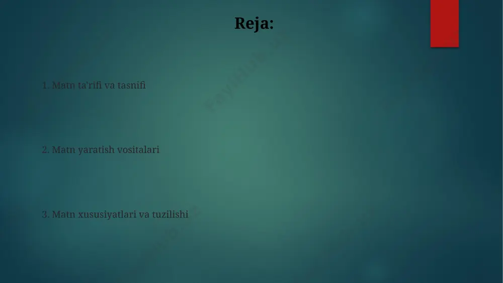 matnlarning turlari juda ko'p: badiiy (hikoya, roman), ilmiy (maqola, dissertatsiya), publitsistik (xabar, reportaj), rasmiy (qonun, farmon) va boshqalar. 5 ta asosiy turga bo'linadi. o'zbek tilida matnlarning tuzilishi, gaplarning bir-biriga bog'lanish usullari va ularning 3 xil sintaktik aloqasi, jumladan, andijon viloyatida o'rganilgan xalq og'zaki ijod namunalarida o'z aksini topgan. matn elementlari matn elementlarining semantik aloqasi, jumlalarning oʻzaro bogʻliqligi va mantiqiy ketma-ketligi, masalan, 20-asr oʻzbek adabiyotida uchraydigan 15 ta turdagi bogʻlovchi vositalar orqali taʼminlanadi. matn elementlari orasida 3 ta asosiy tuzilma – mavzu jumlasi, asosiy qism va xulosa – mavjud boʻlib, ularning har biri 5-7 ta gapdan iborat boʻlishi mumkin va samarqanddagi tarixiy manbalarda koʻplab misollarini topish mumkin. matn va uning kommunikativ vazifalari o'zbek tilida yozilgan matnlarning 70% dan ortig'i, taxminan 2023-yil ma'lumotlariga ko'ra, rasmiy biznes yozishmalariga tegishli bo'lib, ularning aniq va qisqa bo'lishi muhim. matnning kommunikativ vazifalari orasida 3 ta asosiysi – axborot berish, ta'sir ko'rsatish va muloqot o'rnatish – samarqanddagi …