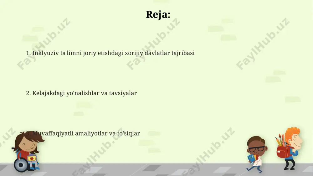i davom etmoqda, bu davr mobaynida maktablarning 80% dan ortig'i qo'shimcha ehtiyojga ega bolalar uchun inklyuziv dasturlarni amalga oshirdi. kanadaning inklyuziv ta'lim siyosati individualized education program (iep) yondashuviga asoslangan bo'lib, har bir o'quvchining o'ziga xos ehtiyojlarini qondirishga qaratilgan va bu 10% dan ortiq o'quvchilarga ta'sir qiladi. germaniyadagi inklyuziv ta'lim strategiyasi inklyuziv ta’limni qo’llab-quvvatlash uchun germaniya hukumati tomonidan 2023 yilda ta’lim muassasalariga 5 milliard yevrodan ortiq mablag’ ajratildi. bu mablag’lar inklyuziv infratuzilmani rivojlantirishga va malaka oshirishga yo’naltirildi. germaniyada inklyuziv ta’lim strategiyasining asosiy tamoyillaridan biri – individual o’quv rejalari (iorp)ni ishlab chiqish bo’lib, bu har bir o’quvchining o’ziga xos ehtiyojlarini qondirishga yordam beradi. germaniyada inklyuziv ta’limning muvaffaqiyatli amalga oshirilishiga 90% dan ortiq maktablarning qo’shilishi va o’quv dasturlarining moslashuvchanligi katta hissa qo’shmoqda. buyuk britaniyaning inklyuziv ta'lim tajribasi mamlakatda sen (special educational needs) talabalar uchun individual ta'lim rejalari (iep) ishlab chiqish va qo'llash keng tarqalgan bo'lib, o'quvchilarning taxminan 15% iepga ega. buyuk britaniyada inklyuziv …