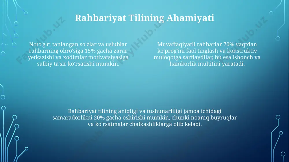 dimlarga tanqid va maslahat berishda 70/30 qoidasiga amal qilish (70% ijobiy tomonlar, 30% takomillashtirishga oid fikrlar) motivatsiyani saqlashga yordam beradi. tanqidni 3 bosqichda (tayyorgarlik, muloqot, natija) amalga oshirish samaradorligini oshiradi va salbiy ta'sirni kamaytiradi, konstruktiv maslahatlarga urg'u beradi. elektron muloqot elektron muloqotda rasmiy biznes yozishmalari uchun o'rtacha 20-30 so'zdan iborat qisqa va aniq jumlalar afzal ko'riladi, bu samaradorlikni oshiradi va tushunishni yaxshilaydi. tezkor xabar almashish platformalarida (masalan, telegram, whatsapp) emotsikonlar va qisqartmalarni 50% ga yaqin foizda qo'llash muloqot uslubini norasmiylashtiradi, lekin tezkorlikni oshiradi. elektron pochta orqali muloqotda 70% dan ortiq ma'lumotlar matnli xabarlardan, 30% esa multimediya fayllaridan iborat bo'lishi mumkin, bu muloqot uslubiga ta'sir qiladi. fikr bildirishning samarali usullari fikr bildirishda 3 ta asosiy element – aniqlik, qisqalik va muloqotning 7/38 qoidasiga rioya qilish muhimdir; bundan tashqari, tinimsiz takrorlash samaradorlikni pasaytiradi. samarali muloqot uchun tinglovchilarning bilim darajasini hisobga olib, 5w1h (kim, nima, qachon, qayerda, nima uchun, qanday) texnikasidan foydalanish tavsiya …