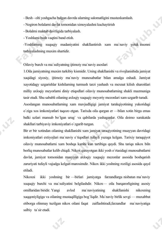 am jamiyat taraqiyotining muayyan davridagi imkoniyatlari extiyojlari ma`naviy e`tiqodlari tufayli yuzaga kelgan. tarixiy taraqqiyot oilaviy munosabatlarni xam boshqa karshi kun tartibiga quydi. shu tariqa nikox biln borliq munosabatlar kelib chiqdi. nikox qurayotgan ikki yosh o`rtasidagi munosabatlarni davlat, jamiyat tomonidan muayyan axloqiy xuquqiy mezonlar asosida boshqarish zaruriyati tufayli vujudga kelgan marosimdir. nikox ikki yoshning roziligi asosida qayd etiladi. nikoxni ikki yoshning bir —birlari jamiyatga farzandlarga nisbatan ma`naviy xuquqiy burchi va ma`suliyatini belgilashdir. nikox— oila barqarorligining asosiy omillaridan biridir. yangi avlod ma`naviyatining shakllanishi nikoxning xaqqoniyligiga va oilaning mustaqilligiga bog`liqdir. ma`naviy birlik sevgi — muxabbat etiborga olinmay tuzilgan nikox oilani faqat zaiflashtiradi,farzandlar ma`naviyatiga salbiy ta`sir etadi. oila mustaxkam bulmasa jamiyat xam mustaxkam bulmaydi oila mustaxkamligi esa jamiyat barkarorligining muxim shartidir. islom falsafasi va xukuk bilimdoni rizouddin ibn faxriddin yozadi. insonlar dinu—dunyoni tuzat bulsa, eng avvalo guzal xulqga ega bulmoq ila oilalarni tuzatingiz. oila tuzalgandan xam din xam dunyo tuzaladi. (shark yulduzi jurnali 1992 …