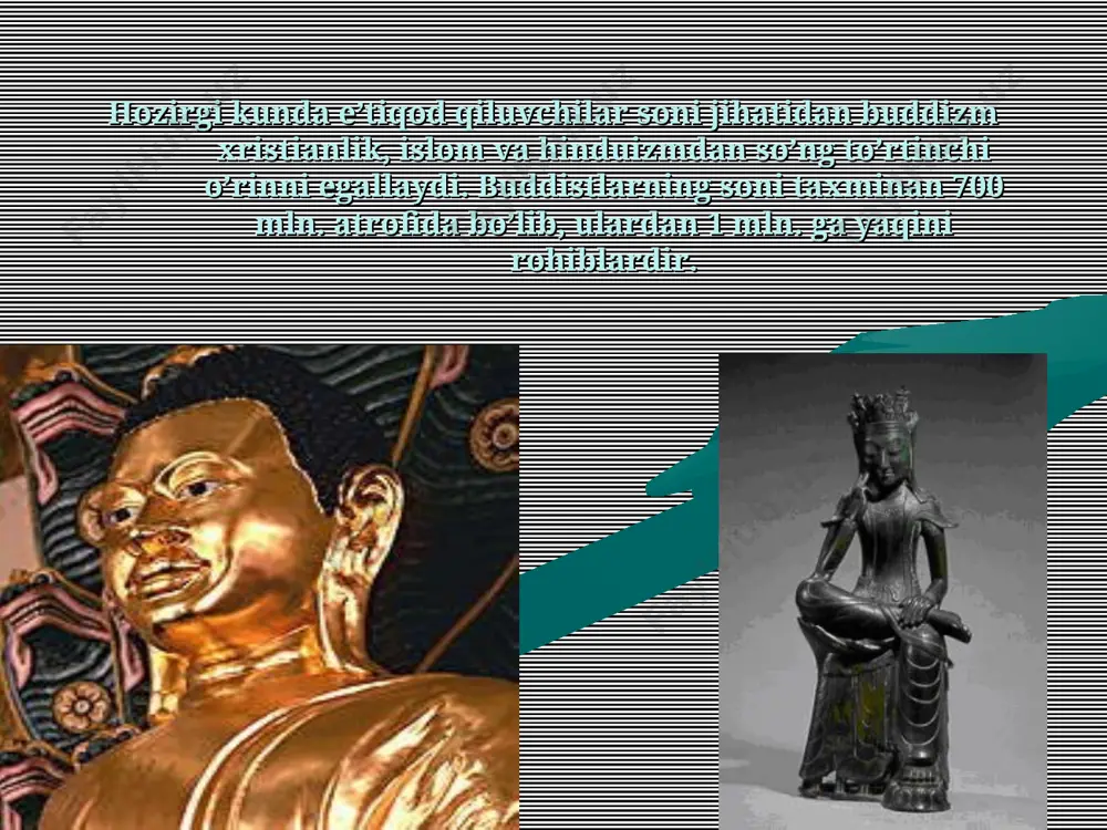 maliyotdan iborat bo’lgan diniy tizimdir. budda yangi diniy qonun-qoidalar, rasm-rusumlar ishlab chiqmagan, balki har bir inson tug’ilish va o’lim mashaqqatlaridan qutilishi uchun amal qilishi lozim bo’lgan bir necha ko’rsatmalarni ishlab chiqdi, xolos. uning ta’limoti insonning xayolida, ishlarida va o’zini tutishida samimiy oliyjanoblik g’oyasini ilgari suradi. u vedalardagi gunohsizlik ta’limotini inkor qildi, hayvonlarni vahshiyona qurbon qilishni qoraladi, varna (kasta) tizimini va undagi ruhoniylarning boshqalardan ustunligini inkor qildi. katolik oqimi xristianlikning yirik yo’nalishlaridan biri katolik oqimidir. u yevropa, osiyo, afrika va lotin amerikasi mamlakatlarida tarqalgan bo’lib, muxlislari taxminan 800 mln. kishini tashkil etadi. xristianlik buddaviylik buddaviylik фойдаланилган адабиётлар 1.ортиқов а., абдусамедов а.э. диншунослик асослари. 1-қисм. мирзо улуғбек номидаги ўзбекистон миллий университети., т., 2000 й. 2. имом исмоил ал-бухорий. ҳадис. 1-4 жилдлар. т., 1997 3.ислом энциклопедия (а-ҳ). ўзбек миллий энциклопедияси давлат нашриёти, т., 2004й.