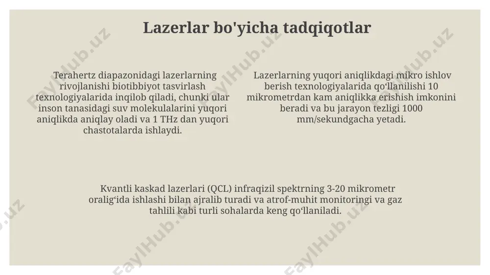 va 2-darajali kuyishlarni davolashda lazer terapiyasi 90% dan ortiq muvaffaqiyat ko'rsatkichiga ega. lazer jarrohligi yordamida 500 mikrometrdan kam bo'lgan aniqlikda kesmalarni amalga oshirish mumkin, bu minimal invaziv operatsiyalarni va tezroq tiklanishni ta'minlaydi. lazer xavfsizligi lazer nurlanishining to'lqin uzunligiga qarab, ko'zga yetkazadigan shikastlanish darajasi farq qiladi; masalan, 400-1400 nm oralig'idagi infraqizil lazerlar ko'z to'r pardasiga jiddiy zarar yetkazishi mumkin. lazer bilan ishlashda xavfsizlik ko'zoynaklari majburiydir va ular lazerning to'lqin uzunligiga mos kelishi kerak; masalan, 630 nm to'lqin uzunligiga ega lazer uchun maxsus filtrli ko'zoynaklar talab etiladi. 3b va undan yuqori sinf lazerlar bilan ishlashda xavfsizlik choralari juda qat'iy bo'lishi kerak, chunki ularning energiya zichligi yuqori bo'lib, teriga va ko'zga jiddiy shikast yetkazishi mumkin. lazer texnologiyalari kelajagi kvant kompyuterlari va kvant aloqasi sohalarida foydalaniladigan, terahertz diapazonida ishlaydigan yangi turdagi lazerlarni yaratish 2030 yilgacha katta yutuqlarga olib kelishi mumkin. hozirgi vaqtda 50% dan yuqori samaradorlikka ega bo'lgan lazer diodlarini ishlab chiqarish ustida izlanishlar …