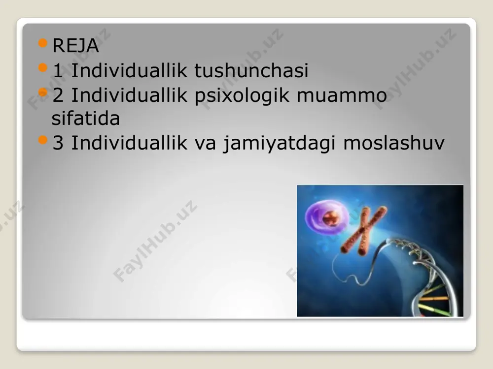 sh yakkalanish: jamiyatdan ajralish va o‘zligini yo‘qotish hisi. o‘zlikni yo‘qotish: odam o‘zini boshqalarga moslashtirishda, o‘zligini yo‘qotadi. yakkalanish va izolyatsiya psixologik kasalliklar va depressiyani keltirib chiqarishi mumkin. shaxsiy rivojlanish va individuallik shaxsiy rivojlanishning psixologik muammolar bilan bog‘liqligi. o‘zini rivojlantirish va individuallikni shakllantirishda psixologik xavflar. o‘zlikni aniqlashda ichki ziddiyatlar va tashqi bosimlarning ta’siri. xulosa: individuallikni saqlash va psixologik muammolarni yengish individuallikni saqlash: shaxsning psixologik salomatligini saqlash va rivojlantirishdagi eng muhim qadam. psixologik muammolarni bartaraf etishda individuallikni qabul qilish va rivojlantirishning roli. psixoterapiya va konselingning individuallikni tiklashdagi ahamiyati. e’tiboringiz uchun raxmat image2.png image3.png image4.png image5.png /docprops/thumbnail.jpeg