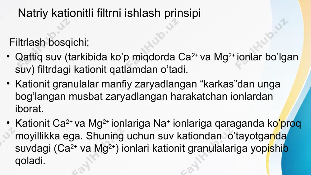 i ko’rsatuvshi kоeffisientning tuz sarfiga bоg’liqligi. standart filtrlarning o’lshami. xulosa natriy kationitli filtrlar suv tarkibidagi qattiqlik keltiruvchi ionlarni, asosan kalsiy va magniy ionlarini natriy ionlariga almashtirish orqali yumshatish vazifasini bajaradi. ushbu filtrlarning samarali ishlashi uchun ularning texnik-parametrlarini – qatlam balandligi, ishchi hajmi, kationit miqdori, filtrlash tezligi va regeneratsiya sikllari – aniq hisoblash zarur. hisoblashlar asosida filtrlash jarayonining davomiyligi, samaradorligi va regeneratsiya vaqti aniqlanadi. natijada, filtrlar energetika, sanoat va kommunal xo‘jaliklarda sifatli yumshatilgan suv olish imkonini beradi. shuningdek, to‘g‘ri hisoblangan filtr tizimi resurslardan tejamkor foydalanish va uskunalarning uzoq muddatli ishlashiga xizmat qiladi. foydanilgan adabiyotlar; 1. ies va aes ga suv tayyorlash r.m. yusupaliyev, m.z.хоdjialimоva tоshkent – 2022 . 2. issiqlik elektr stansiyalarda yoqilg‘i yoqish va suv tayyorlash texnologiyasi .r. m . yusupaliyev sano-standart» nashriyoti toshkent - 2019 image3.png image4.png image5.png image6.png image7.png image8.png image6.jpeg image7.jpeg image8.jpeg image1.jpeg /docprops/thumbnail.jpeg