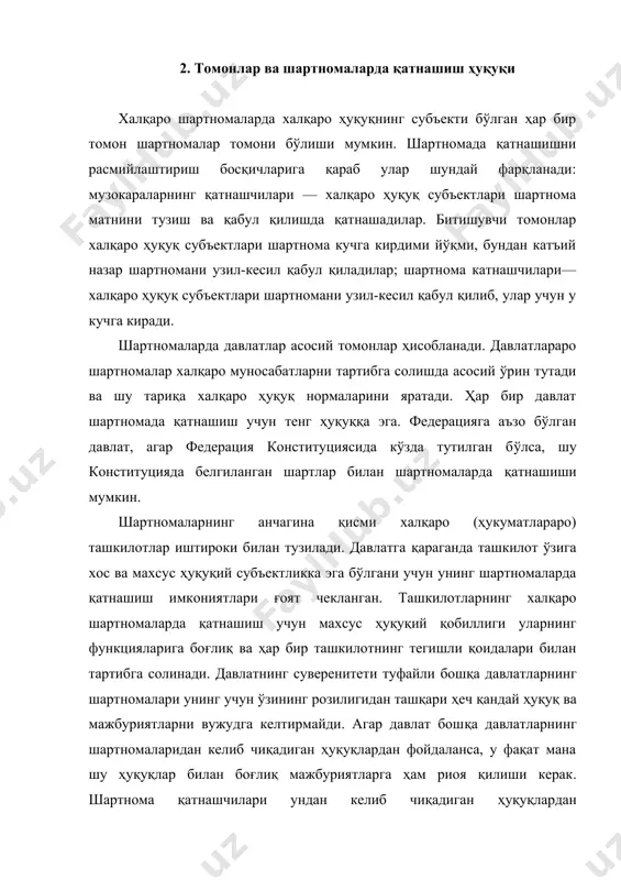 рессия учун жавобгарлик ва бошқа халқаро жиноятлар тўғрисидаги халқаро ҳуқуқ нормалари қўлланишини ифодалайди. иштирокчиларнинг сонига қараб шартномалар икки томонлама ва кўп томонлама бўлиши мумкин. ўз навбатида улар умумий, ёки универсал ва маҳаллий шартномаларга классификацияланади. шартномаларнинг асосий қисмини икки томонлама шартномалар ташкил этади. уларнинг ёрдамига кура шартнома иштирокчилари билан давлатлар ўртасидаги муносабатларнинг хусусиятлари ҳисобга олинувчи нормаларнинг кўпгина қисми яратилади. шу билан бирга кўп томонлама шартномаларнинг ҳам роли ошиб бормокда. улар ёрдамида кенгроқ ёки умумий аҳамиятга эга бўлган муҳим муаммолар ҳал этилмокда. кўп томонлама конвенциялар халқаро ҳуқуқни кодификациялаш ва тобора ривожлантириш воситалари бўлиб хизмат қилади. халқаро ҳуқуқни кодификациялаш ва тобора ривожлантиришнинг воситаси ҳисобланган шартномалар ёки барча давлатлар учун объект ва мақсади қизиқиш уйғотаётган шартномалар умумий ёки универсал, кўп то​монлама, шартномалардир. бундай шартномалар очиқ бўлиши, яъни уларда истаган давлат иштирок этиши мумкин. чекланган миқдордаги давлатлар иштирокида тузилган шартномалар маҳаллий, кўп томонлама ёки регионал минтақавий шартномалар дейилади. улар тушунчаси муайян жўғрофий ҳудудда жойлашган давлатларнинг …