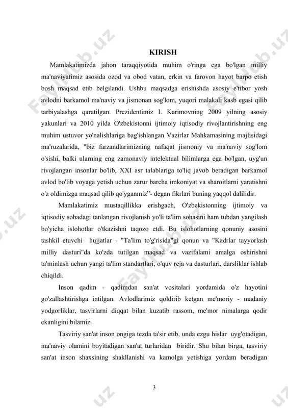 i rivojlantirish, estetik did va ehtiyojlarini tarbiyalashda cheksiz imkoniyatlarga ega. shularni e'tiborga olib bo'lajak tasvi​riy san'at o'qituvchisi fanning barcha bo'limlari bo'yicha chuqur bilimga ega bo'lishi, boshqa fanlar bilan aloqalari, san'atshunoslik va gumanitar yo'nalishlari haqida aniq tasawur va ularni amalda qo'llash malakalariga ega bo'lishi zarur. kasb-hunar kollejlarda badiiy ijodkor yoshlarni tayyorlash masalasi rassom-pedagoglar oldiga mazmunan yangi vazifalarni qo'ymoqda. shuning uchun ushbu bitiruy-malakaviy ishida o'quv dastur asosida fan o'qituvchisi bilishi zarur bo'lgan qalamtasvirlar ishlash metodikasi mavzusini yoritishni maqsadga muvofiq deb hisobladik. mavzuning dolzarbligi. hozirgi vaqtda qalamtasvir fanini o'qitishning nazariy va metodik asoslarini ishlab chiqish va uni kasb-hunar kollejlari tasviriy san’at darslarida amalda qo’llash, ilmiy jihatdan asoslangan yangi yo'li, shakli, mazmuni hamda metodlarini takomillashtirish borasidagi izlanishlar davom etmoqda va u dolzarb masalalardan hisoblanadi.chunki qalamtasvir-tasviriy san’at asosidir. qalamtasvir borasida yetarli bilim va malakani egallamay turib, talaba kompozitsiya, rangtasvir, haykaltaroshlik, xalq amaliy san'ati va boshqa mutaxassislik fanlarini yuqori darajada o'zlashtira olmaydi. shuning uchun mahg’ulotlarni metodik …