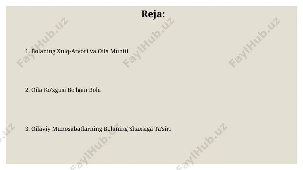 igiga ta'sir qiladi. bola rivojlanishida oila taʼsiri o‘zbekistonning qishloq hududlarida 5 yoshgacha bo‘lgan bolalarning 40%ida kuzatiladigan nutq rivojlanishidagi kechikishlar, ko‘pincha, kam ta’minlangan oilalar va cheklangan intellektual rag‘batlantirish bilan bog‘liq. samarqand viloyatida o‘tkazilgan sotsiologik so‘rov natijalariga ko‘ra, oiladagi zo‘ravonlik va stress darajasi yuqori bo‘lgan oilalardagi bolalarda 85% ehtimol bilan hissiy-ruhiy rivojlanish buzilishlari kuzatiladi. oilaviy qadriyatlar va anʼanalar toshkent shahridagi 1000 oila bilan o'tkazilgan so'rovnoma natijalariga ko'ra, oilaning ijtimoiy-iqtisodiy holati bolaning o'ziga bo'lgan ishonchiga va 3 dan 10 ballgacha bo'lgan o'ziga bo'lgan bahosiga sezilarli ta'sir ko'rsatadi. oilaviy qadriyatlar, masalan, hurmat va mehr-oqibat, 5 yoshgacha bo'lgan bolaning shaxsiyatini shakllantirishda muhim rol o'ynaydi, samarqanddagi tadqiqotlar shuni ko'rsatdiki, bu yoshdagi bolalar ota-onalarining xatti-harakatlarini 90% aniq takrorlaydilar. sogʻlom oila, sogʻlom bola “sogʻlom oila, sogʻlom bola” dasturi 2018-yildan beri oʻzbekistonning 12 ta viloyatida 5000 dan ortiq oilaga psixologik va ijtimoiy-maishiy yordam koʻrsatdi, bu bolalarning sogʻligʻiga ijobiy taʼsir koʻrsatdi. toshkent shahridagi tadqiqotlar shuni koʻrsatdiki, “sogʻlom oila, sogʻlom bola” …