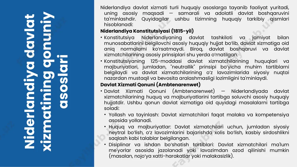 talablar bilan mos kelishini ta'minlaydi. bunda, yangi qonunlar va normativ-huquqiy hujjatlar joriy etiladi. bu jarayonlar orqali davlat xizmatining samaradorligi va shaffofligini oshirish maqsad qilingan, bu esa fuqarolarning ishonchini oshiradi. 1 2 3 4 davlat xizmatidagi huquqlar va majburiyatlar davlat xizmatchilarining huquqlari va erkinliklari: - ish joyida xavfsizlik va sog'liqni saqlash. - teng imkoniyatlar va diskriminasiyaga yo'l qo'ymaslik. - o'z fikrini erkin ifoda etish va huquqlarini himoya qilish. xizmatchilarning majburiyatlari va javobgarliklari: - qonunlarga va me'yoriy hujjatlarga rioya qilish. - davlat manfaatlarini himoya qilish. - halollik va oshkoralikni ta'minlash. huquqiy himoya mexanizmlari: - shikoyat qilish tartibi. - ichki nazorat organlari. - sud tizimlarining xizmatchilar huquqlarini himoya qiluvchi roli. photo by clark van der beken on unsplash qonuniy asoslarning amalga oshirilishi qonuniy asoslarning amaldagi tartibda qo'llanilishi: - niderlandiya davlat xizmatida qonuniy asoslar, xizmatning samarali va adolatli ishlashini ta'minlashda muhim rol o'ynaydi. qonunlarning ijrosi, nazorat va qoidalar orqali amalga oshiriladi. qonunlar ijrosi uchun …