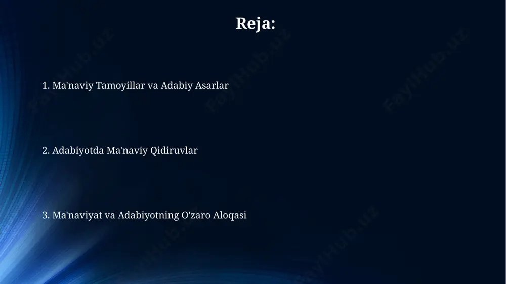 a ta'sir qiladi. ma'naviy izlanishlar va adabiy obrazlar ma'naviy izlanishlar adabiyotda 3 ta asosiy yo'nalishda – qahramonning o'z-o'zini anglash, xudo bilan aloqa va ijtimoiy adolat masalalari orqali aks etadi. adabiy obrazlarning 70% ga yaqini ma'naviy inqirozlarni, qiyinchiliklarni va ularni yengish yo'llarini ramziy ma'noda ifodalaydi. adabiyotning ma'naviy tarbiyaviy ahamiyati adabiyotning ma'naviy-axloqiy tarbiyadagi rolini o'rganish bo'yicha 100 dan ortiq ilmiy maqola va monografiyalar mavjud bo'lib, ularda milliy va jahon adabiyoti namunalarining ta'siri tahlil qilingan. o'zbekiston respublikasining davlat ta'lim standartlarida adabiyot fanining ma'naviy-axloqiy tarbiyadagi o'rni 30% dan ortiq qismini tashkil etadi, bu uning ahamiyatini ko'rsatadi. e'tiboringiz uchun rahmat @taqdimot_robot image5.jpg image6.jpg image7.jpg image8.jpg image9.jpg image10.jpg image11.jpg image1.jpg