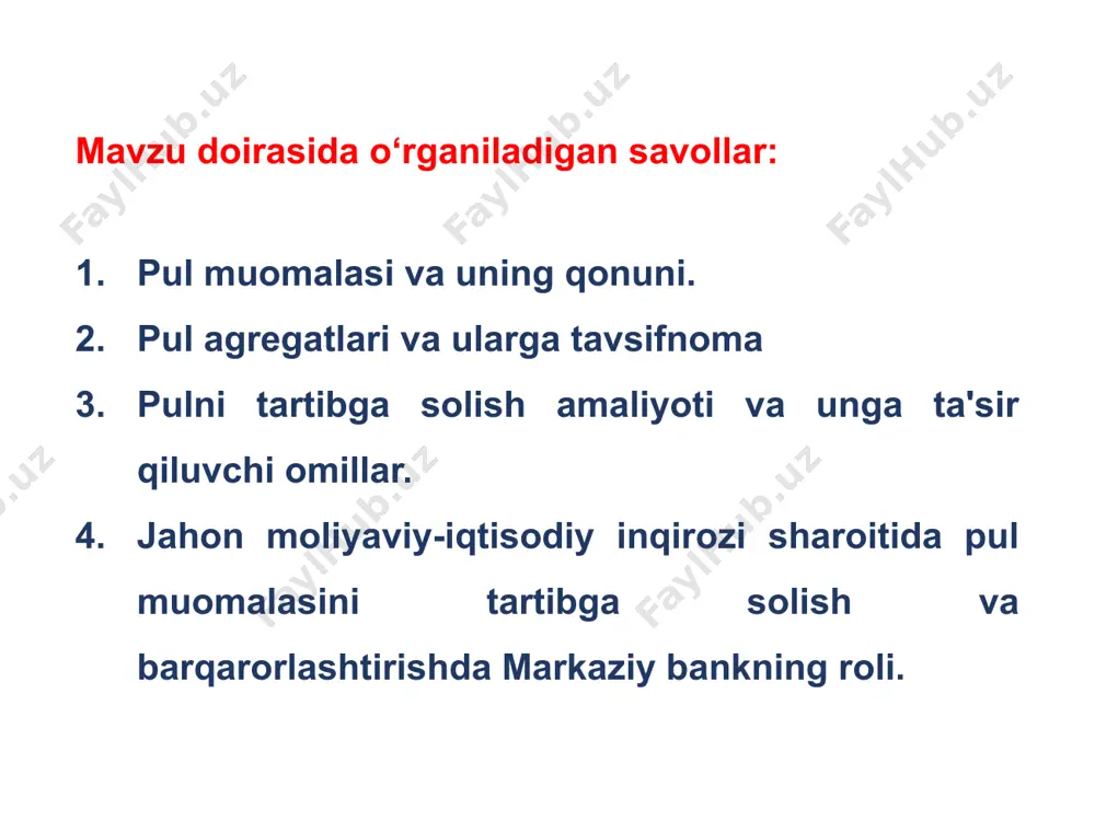 bi asosan ikkita komponentdan tashkil topadi: muomaladagi likvidlik darajasi past hisoblangan pullar kvazipullar deb yuritiladi. ushbu pullarning tarkibiga nisbatan past likvidli va to‘lov vositasi sifatida ishlatilmaydigan qimmatli qog‘ozlar kiradi. muomaladagi naqd pullar naqd pulsiz mablag‘lar – pul massasining yuqori likvidli mablag‘lari hisoblanib, istalgan paytda to‘lov vositasi sifatida foydalanish imkoniyatini beradi. ushbu agregat muomaladagi banknot va tangalarni o‘z tarkibiga oladi. – mulkiy shaklidan qat’iy nazar barcha turdagi xo‘jalik yurituvchi subyektlarning kredit muassasalarida hisobraqamlardagi, shuningdek, plastik kartochkalar va hisob-kitob cheki ko‘rinishidagi mablag‘lardan iborat. pul massasini miqdoriy o‘lchashga nisbatan 2 xil yondashuv mavjud: aktivlarning likvidliligi deganda tez pulga aylana olish qobiliyati tushuniladi. likvidli yondashuvga ko‘ra nafaqat aktiv pullar balki passiv pullar ham pul massasining tarkibiga kiritiladi. transaksion yondashuv - bunda pullarning to‘lov vositasi va muomala vositasi sifatida harakatlanishi ko‘zda tutiladi. shu sababli transaksion yondashuvda pul massasining aktiv qismi e’tiborga olinadi. likvidli yondashuv - bunda pullar eng yuqori likvidli aktiv sifatida tan olinadi. pullarga …
