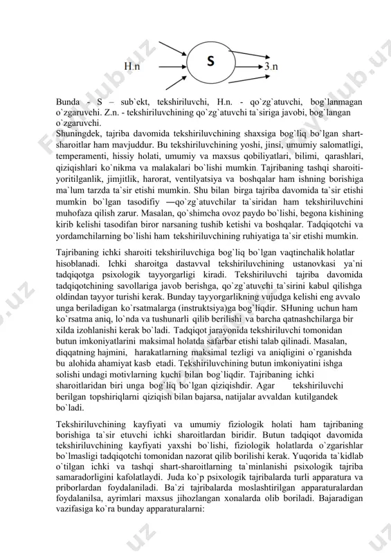 t o'rtasidagi oraliq usul, bevosita (instrumental) kuzatish sifatida tavsiflash mumkin. psixologik o'lchov bevosita (instrumental) kuzatish va laboratoriya eksperimentining xususiyatlarini birlashtiradi. bu vositalardan maksimal darajada foydalanish bilan amalga oshiriladi, bu esa xatti-harakatlarning ob'ektiv yozilishiga hissa qo'shadi. o'lchov(shkalalashtirish) jarayoni standartlashtirilgan bo'lib, eksperimental sharoitlarga o’tkaziladi. turli xil vazifalar, testlar, anketalar psixologik o'lchashda muhim ro’l o'ynaydi. psixologiyada, o'lchash (shkalalashtirish) ob'ektidan kelib chiqib, psixologik o'lchashning uchta asosiy usuli mavjud: 1) ma'lum bir shaxsning namoyon bo'lishi, ma'lum bir ruhiy holatning mavjudligi va shaxsning ma'lum bir tipga mansubligi nuqtai nazaridan bir kishining boshqasidan qanday farq qilishini aniqlash uchun odamlar xulq-atvorining xususiyatlarini o'lchash. psixolog xulq-atvor xususiyatlarini o'lchab, odamlar o'rtasidagi o'xshashlik yoki farqlarni aniqlaydi. psixologik o'lchov sub'ektning o'lchoviga aylanadi; 2) o'lchovdan sub'ekt uchun vazifa sifatida foydalanish, u tashqi ob'ektlarni o'lchaydi (tasniflaydi, baholaydi): boshqa odamlar, tashqi olamning stimuli yoki ob'ektlari; 3) rag'batlantirish va odamlarni birgalikda o'lchash (birgalikda o'lchash). tahminlarga ko'ra, "stimul" va "reaksiya" bir xil joylashtirilishi mumkin. psixologik o'lchov sifatida …