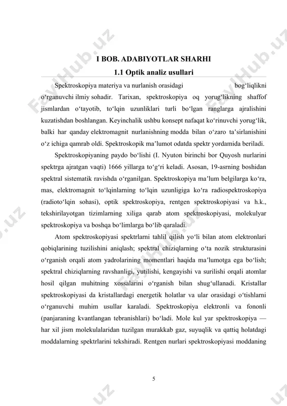 giya sathlarini aniqlaydilar. ionlangan atomlarning spektrlari 0.2-200 nm to‘lqin uzunliklar diapazonida, neytral atomlar va molekulalar 200-700 nm diapazonda nurlanadi. organik molekulalar spektrlari infraqizil diapazonda joylashgan, atomlarning mustahkam bog‘langan ichki elektronlari energiyasi 100 kev gacha energiyali ?-kvantlar yordamida tadqiq qilinadi. atomlarning sathlar orasidagi kichik energiyali o‘tishlaridagi nurlanishlarni olimlar radiotexnika vositalari bilan muvaffaqiyatli tadqiq qiladi. lazerlar paydo bo‘lishi bilan spektroskopiyaning yangi bo‘limi - lazer spektroskopiyasi vujudga keldi. o‘zgartiriluvchi chastotali lazerlar yordamida atom yoki molekulaning yetarlicha muayyan sathini uyg‘otishga mos nurlanish chastotasini tanlash mumkin. bunda, odatdagi manbalarni yorug‘lik bilan uyg‘otishda bo‘lganidek, boshqa kvant holatlar uyg‘otilmaydi. o‘zgartiriluvchi chastotali lazerlar spektral tahlilning chegaraviy sezgirligiga erishish - elementning, aytaylik, 1sm3gaz hajmida 100 atom konsentratsiyali atomlarni oshkor qilish imkonini beradi [3]. radiospektroskopiya — qattiq, suyuq va gaz holatdagi moddalarni tadqiq qilish usullari majmui. radiotoʻlqinlarning nurlanishi va rezonans yutilish spektrlarini oʻrganishga asoslanadi. dastlab (1933) ammiakning inversion (qarang inversiya) spektrini tadqiq qilishda qoʻllanilgan. optik spektroskopiya, infraqizil spektroskopiya va myossbauer …