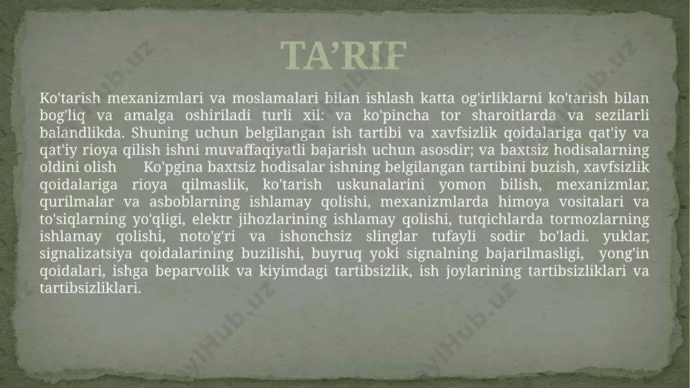 ing oldini olish uchun e'tibor berishlari kerak bo'lgan asosiy sabablar: xizmat ko'rsatuvchi xodimlar tomonidan ishlab chiqarish yo'riqnomalari talablariga rioya etilishi ustidan mansabdor shaxslar tomonidan tegishli nazoratning yo'qligi; yuk ko'tarish kranlariga texnik xizmat ko'rsatish va ta'mirlashni unga yuklangan vazifalarni bajarish uchun zarur bilim va ko'nikmalarga ega bo'lgan o'qitilgan va sertifikatlangan xodimlar bilan ta'minlamaslik, shuningdek xizmat ko'rsatuvchi xodimlarning bilimlari va ko'rsatmalarini vaqti-vaqti bilan tekshirmaslik; xizmat ko'rsatuvchi xodimlarning mehnat va ishlab chiqarish intizomini buzishida ifodalangan inson omili; ruxsat etilgan chegaralardan oshib ketadigan ob-havo sharoitida (shamol tezligi) kranlarning ishlashiga bardoshlik.yuk ko'tarish kranlarini ishlatish paytida sodir bo'lgan baxtsiz hodisalar va baxtsiz hodisalar rostexnadzor organlari tomonidan tekshirilishi va hisobga olinishi kerak. xulosa qilib shuni ta'kidlashni istardimki, yuk ko'tarish mexanizmlari bilan ishlashda xavfsizlik inson xavfsizligi uchun juda muhimdir. muhim jihat shundaki, har bir mutaxassis ushbu talablarni bajarishi, shuningdek yuk ko'tarish mexanizmlarida ishlashga qabul qilishning barcha bosqichlaridan o'tishi kerak. "xavfsizlik hamma narsadan ustundir." xulosa: image3.jpeg image4.jpeg image5.jpeg image6.jpeg …