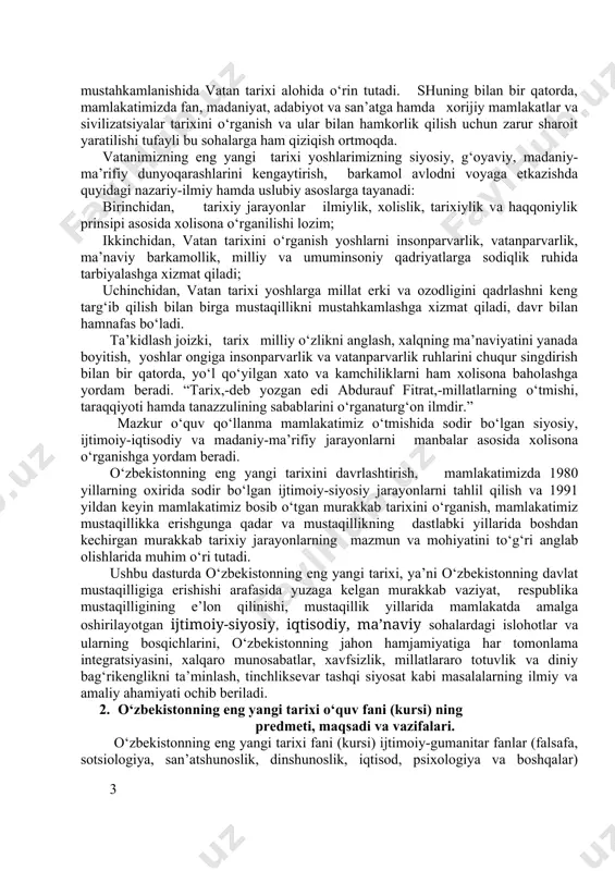 miyatga egadir. vatan tarixini o‘rganishning zaruriyati haqida mahmudxo‘ja behbudiy shunday yozgan edi: «mingbaat-taassufki, ba’zi o‘ylamay so‘ylaguvchilar, tarix va jug‘rofiya o‘qimoqni bid’at va gunoh deb bechora avomni yo‘ldan ozduradurlar. bizni turkistonda ba’zi eng muhtaram muborak kishilar tarixdan bilkulli bexabardurlar. hattoki bexabarliklaridan xabarsizdurlar, ki bu bexabarsizliklaridan ba’zan uyatga qolib, hatto ish sharmandachilikka etar. o‘tkan ulamolar rahmatulloh musaffir, muhaddis, mujtahid va musannif bo‘laturgon kishiga bir necha shartlar qo‘yubdurlar, ki alarning biri ilmi tarixni bilmoqdur. …ilmi tarixni bayon etguvchi bir muarrix deyurki, qur’oni karimning qariyb to‘rtdan biri tarix va axborni muhtavidir. dunyoga yashamoq uchun, diroyatlik bo‘lmoq uchun, komil va odil bo‘lmoq uchun tarix o‘qimoq kerak. podshoh, vazir, hukumat odamlari va siyosiy kishilar uchun tarix o‘qumoq kerak. dini islomning asli hazrati payg‘ambar va sahobalarning islomiyat va ummat uchun chekkan jafo va mehnatlarini bilmoq uchun tarix o‘qumoq kerak. … musulmonlik qanday ko‘paydi va taraqqiy etdi, va al-on na uchun musulmonlar muntazil etildilar? muni bilmoq uchun tarix …