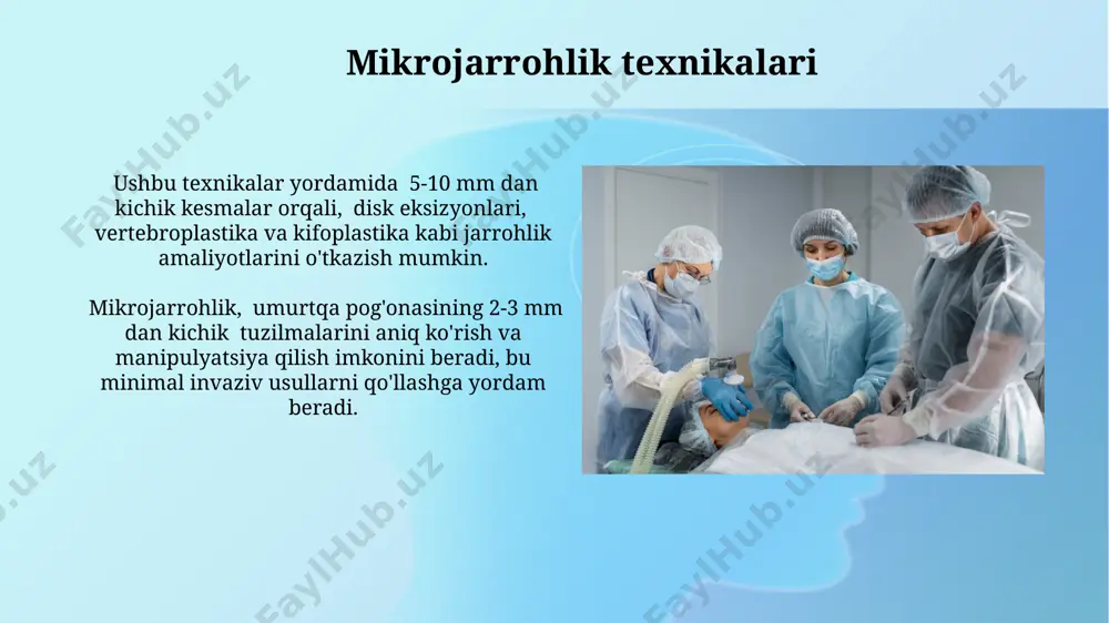 u usulda 70% gacha kamroq qon yoʻqotilishi kuzatiladi va bemorlar operatsiyadan keyin 1-2 kun ichida uyga chiqarilishi mumkin. diagnostika usullari elektromiografiya (emg) va nerv o'tkazuvchanligi tadqiqotlari (ncs) periferik nervlarning shikastlanish darajasini aniqlashda yordam beradi va jarrohlik aralashuvlarining samarasini baholash uchun qo'llaniladi. rentgenografiya, kt va mrt kabi tasvirlash usullari umurtqa pog'onasining anatomik tuzilmalarini batafsil ko'rsatib, patologiyaning aniq joylashuvini va darajasini aniqlashga yordam beradi, bu esa jarrohlik muolajalarini rejalashtirishda muhim rol o'ynaydi. diskektomiya mikrodiskektomiya kabi minimal invaziv usullar, an'anaviy diskektomiyalarga qaraganda kichikroq kesmalar bilan, ya'ni taxminan 1-2 sm, nervlarga minimal zarar yetkazib, tezroq tiklanishni ta'minlaydi. diskektomiya jarrohlik amaliyoti orqali umurtqa pog'onasidagi 5 dan 10 mm gacha bo'lgan o'zgargan diskning bir qismini yoki butunlay olib tashlashni o'z ichiga oladi, bu esa nervlarga bosimni kamaytiradi va og'riqni yo'qotishga yordam beradi. e'tiboringiz uchun rahmat @taqdimot_robot image2.jpg image3.jpg image4.jpg image5.jpg image6.jpg image7.jpg image8.jpg image9.jpg image10.jpg image11.jpg image12.jpg image13.jpg image1.png